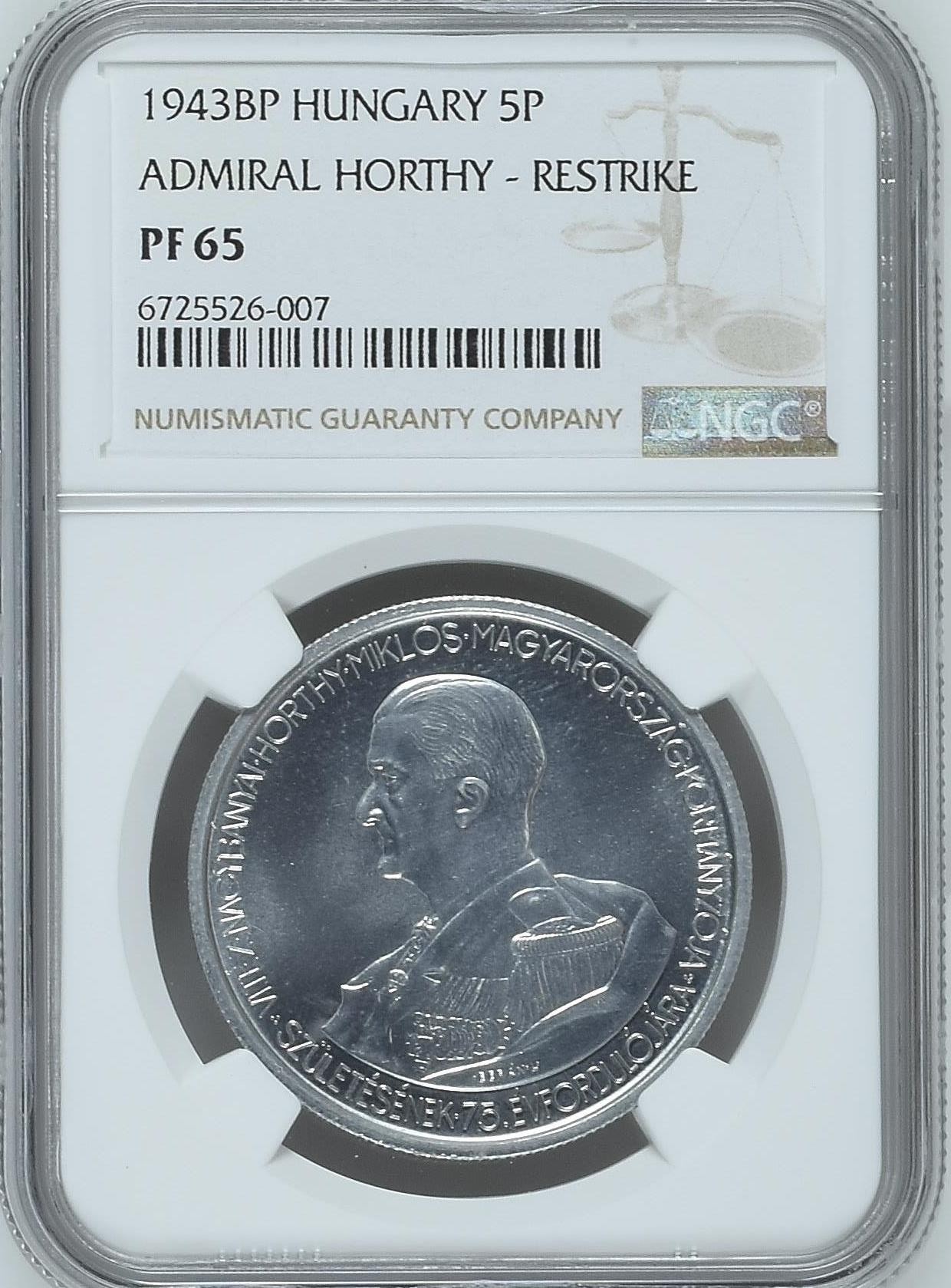 长老汇兔年精选第二场 1943BP 匈牙利海军上将霍尔蒂5潘果精致铝币，NGC PF65，更高分仅有14枚，后铸