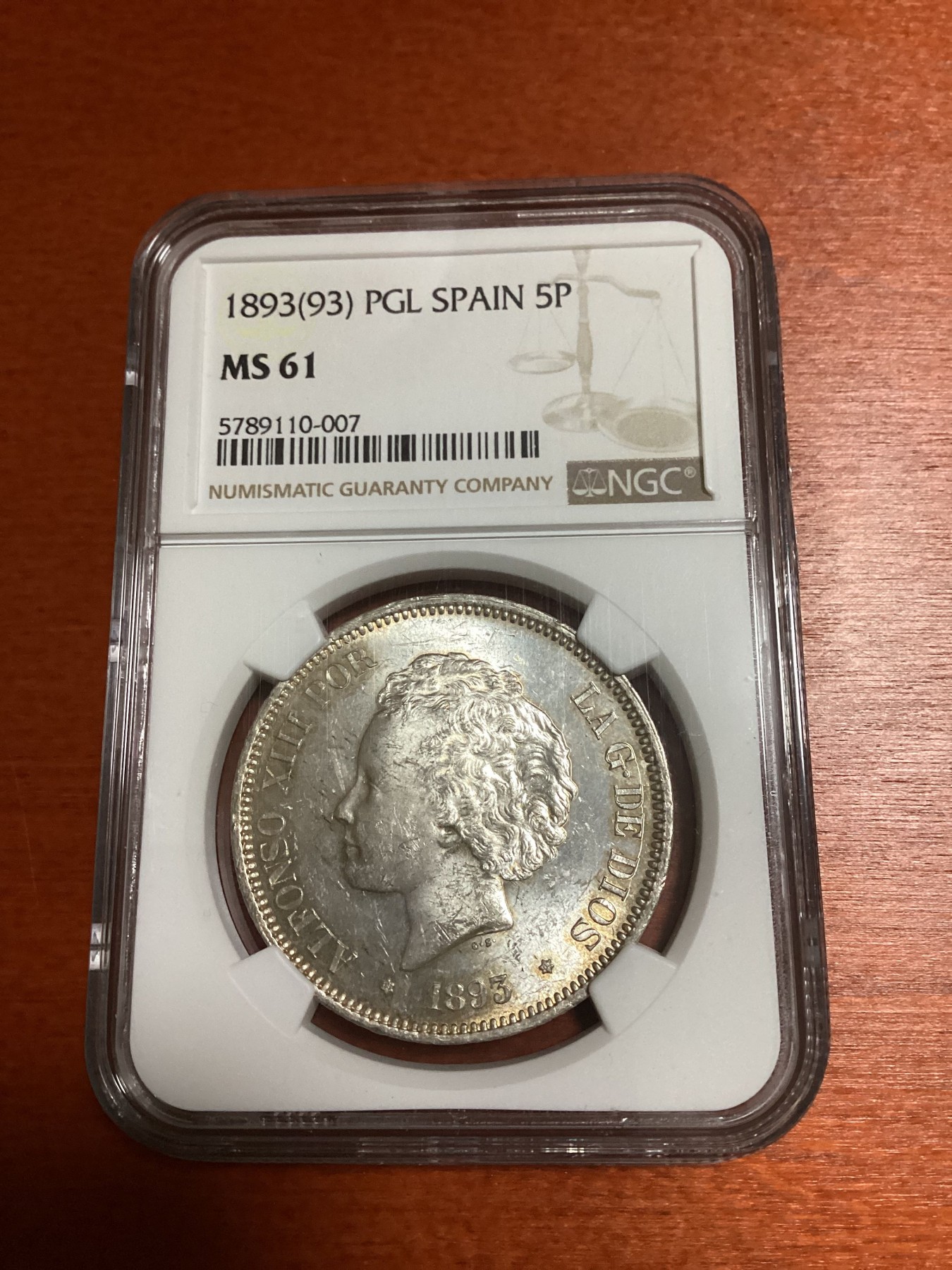 长老汇兔年精选第二场 1893(93) PGL 西班牙阿方索十三世5比塞塔大银币，NGC MS61分