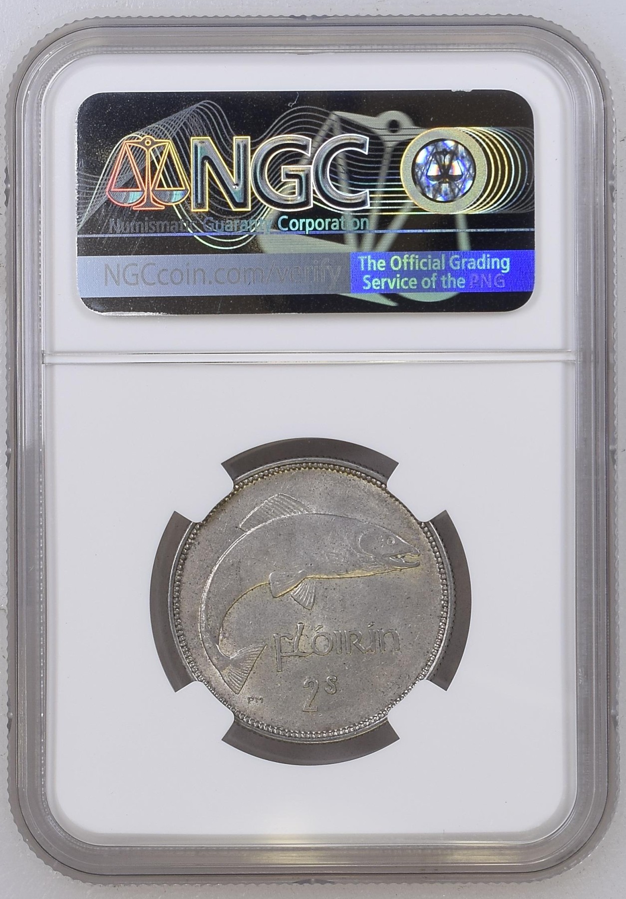 长老汇兔年精选第二场 1933 IRELAND爱尔兰自由邦2先令鳟鱼银币，NGC AU58分，难出分品种，NGC官网60分标价650美元