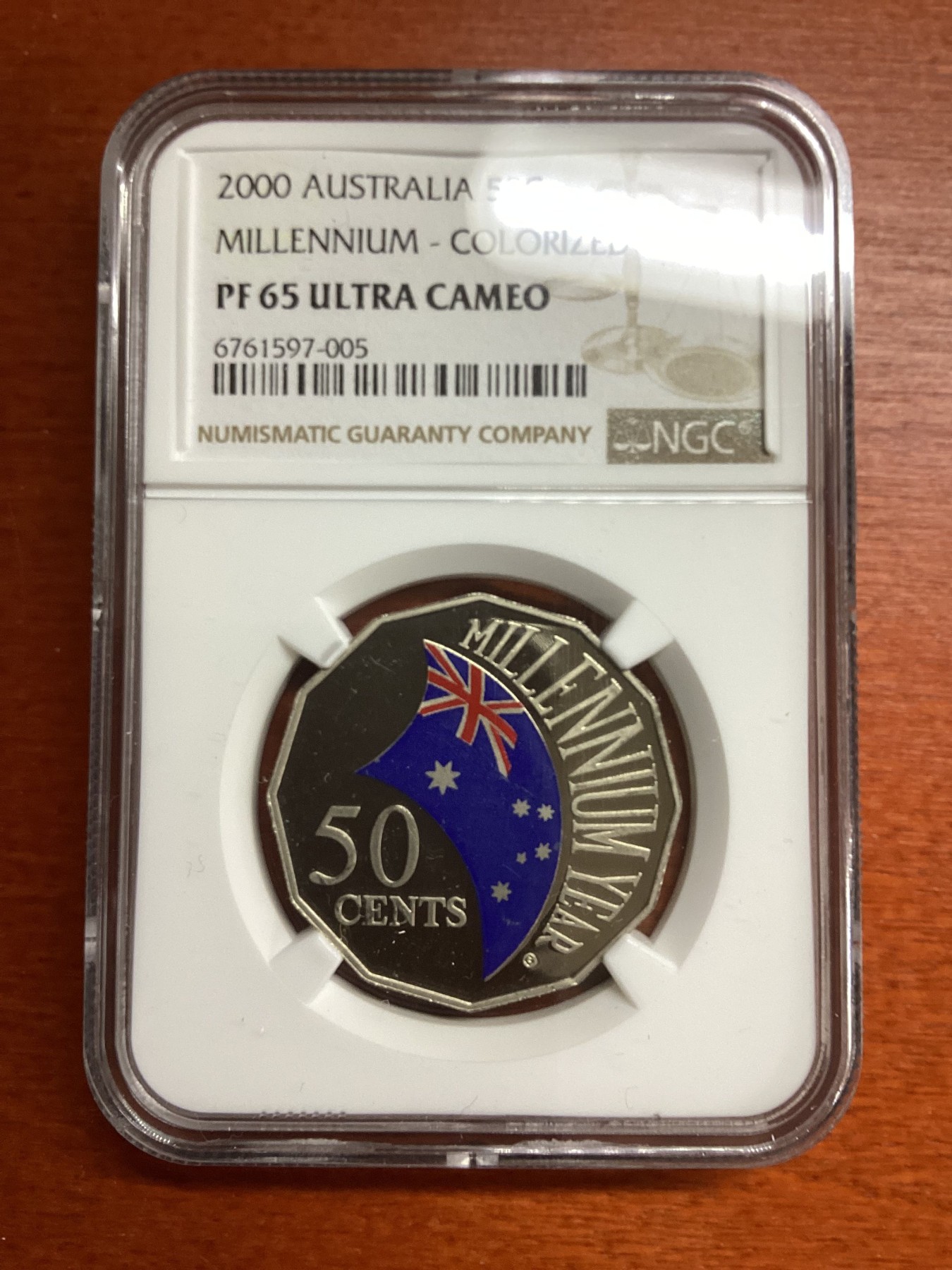 长老汇兔年精选第二场 2000 澳大利亚千禧年纪念50分彩色精制镍币，NGC PF65UC，季军分，更高分仅有两枚