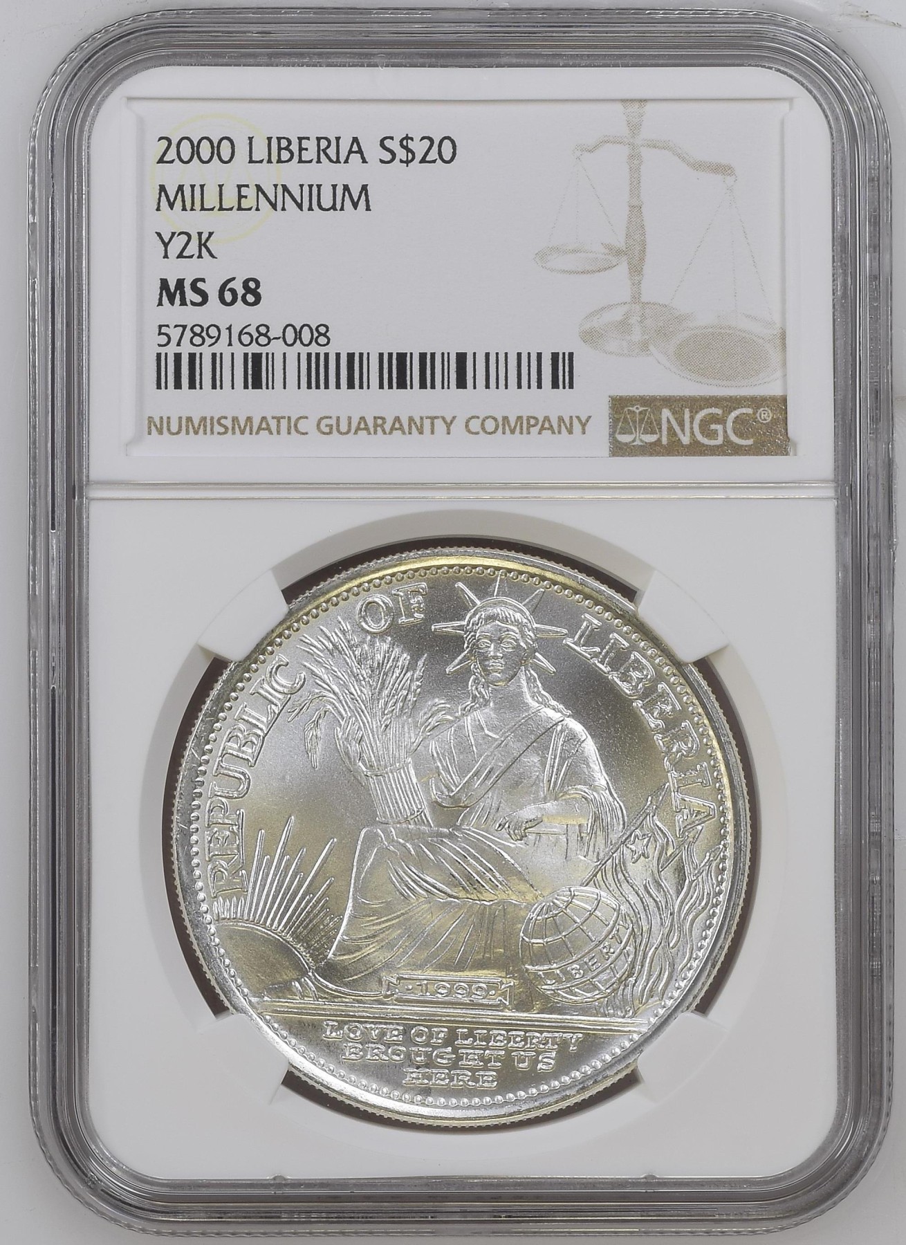 长老汇兔年精选第二场 2000 利比里亚千禧年20元银币，NGC MS68分，唯一冠军分，发行量2000枚