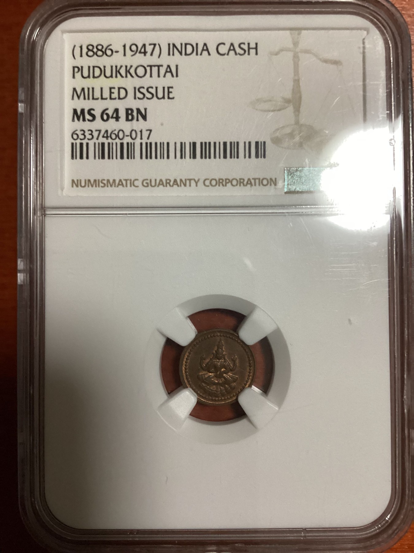 长老汇兔年精选第二场 (1886-1947) INDIA PUDUKKOTTAI MILLED ISSUE印度普杜科泰邦1A铜币，NGC MS64BN，冠军分，正面布里哈丹巴女神，背面文字“胜利”