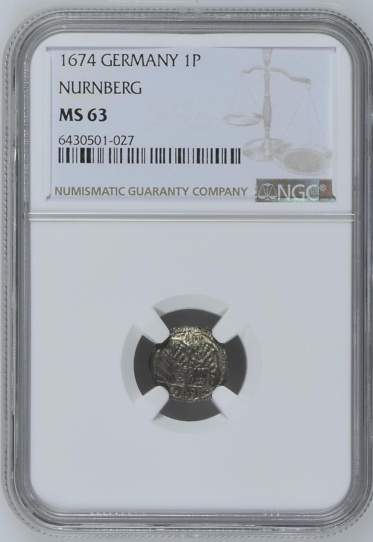 长老汇兔年精选第二场 1674 GERMANY NURNBERG德国纽伦堡1芬尼单面银币，NGC MS63分，唯二冠军分，末年版，克书XF40分标价100美金