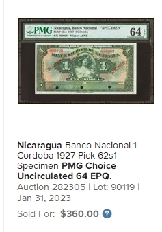 【Blue Auction】✨世界纸币精拍第432期——新年首拍 尼加拉瓜 1927年1克朗 ABNC雕刻精美 裸女 早期绿色版较少见 PMG66EPQ 样钞 老壳子 非常经典的一张 