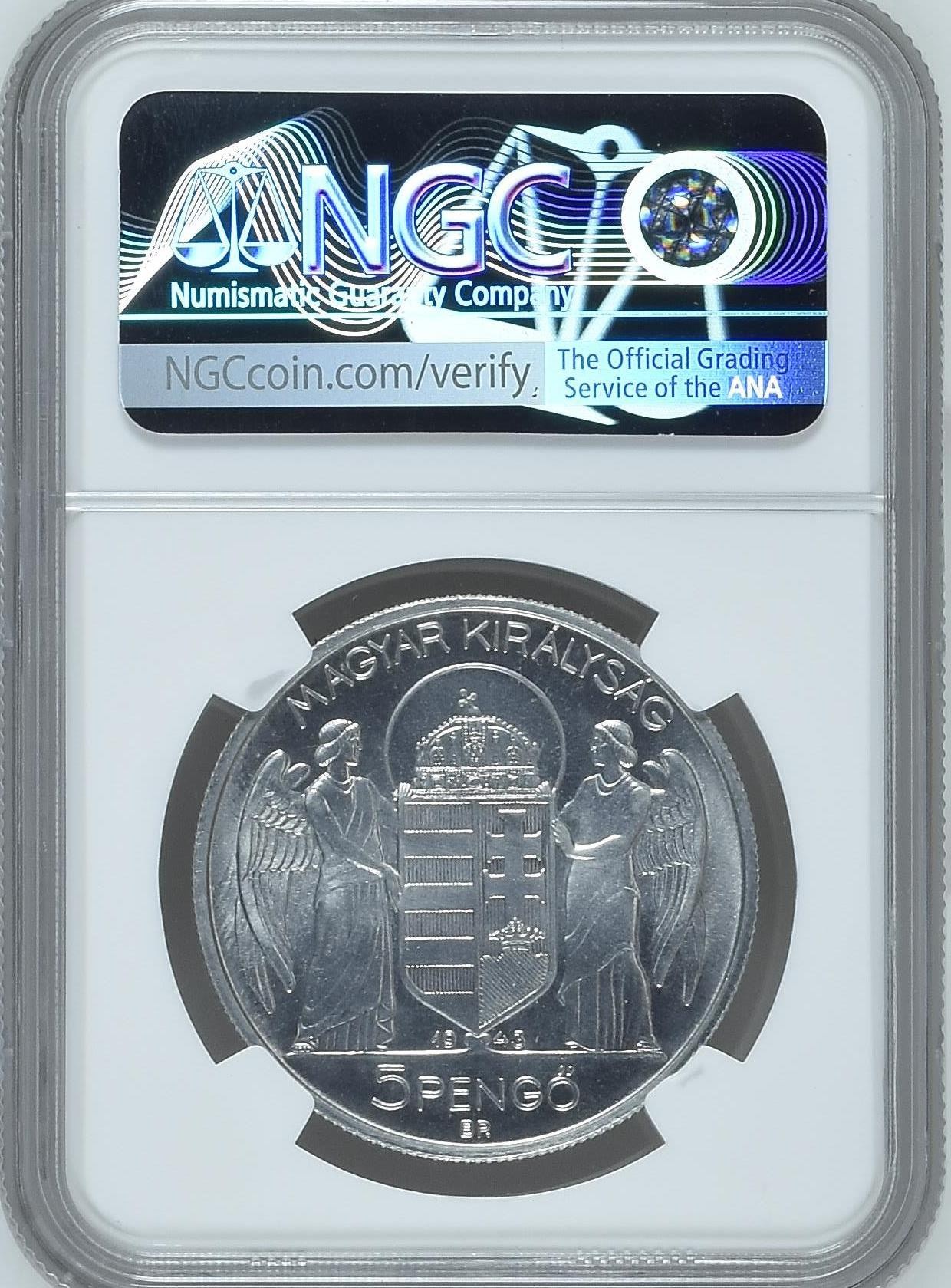长老汇兔年精选第二场 1943BP 匈牙利海军上将霍尔蒂5潘果精致铝币，NGC PF65，更高分仅有14枚，后铸