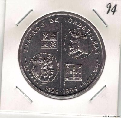 葡萄牙1994年200埃斯库 航海发现托尔德西里亚斯条约纪念币 实物图 UNC- - 葡萄牙1994年200埃斯库 航海发现托尔德西里亚斯条约纪念币 实物图 UNC-