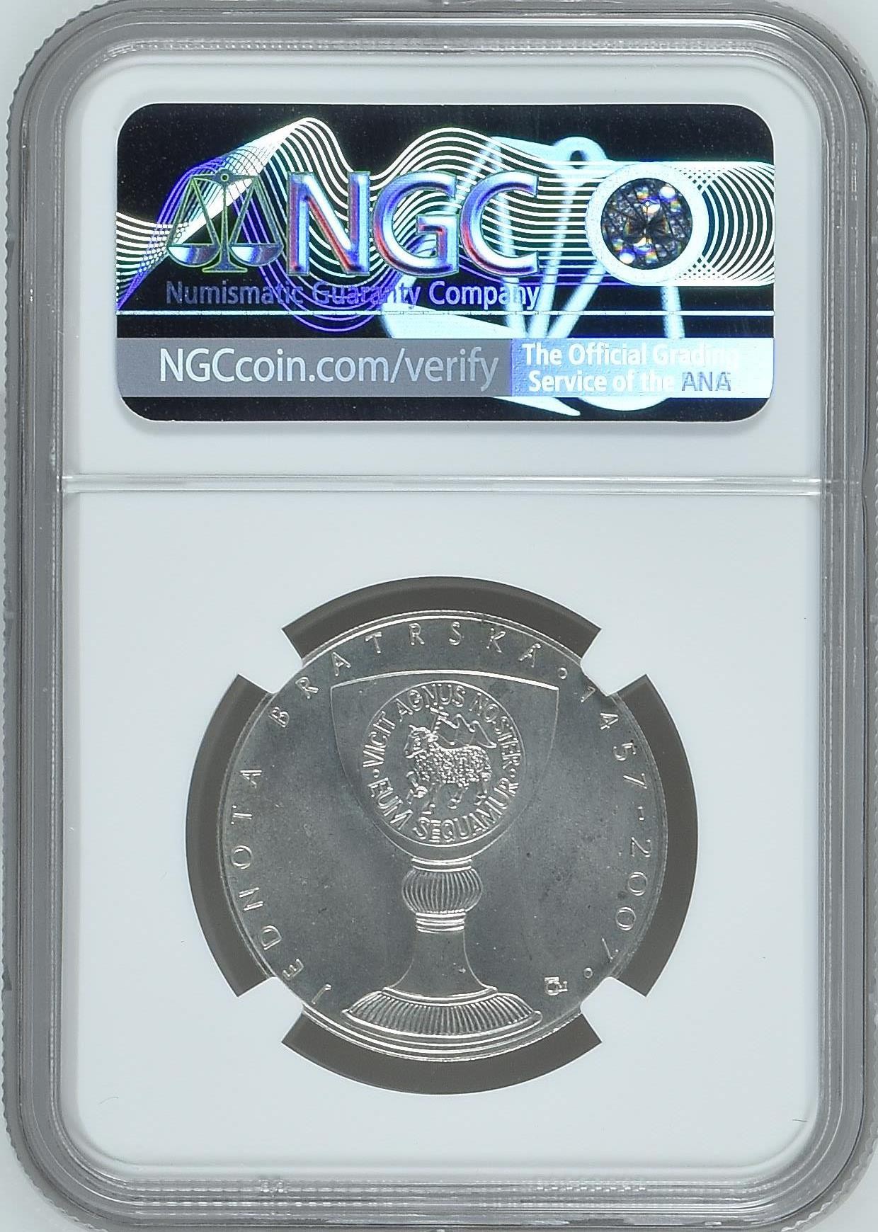长老汇兔年精选第二场 2007 捷克兄弟会成立550年纪念200克朗银币，NGC MS64分，唯一冠军分，外网2000以上