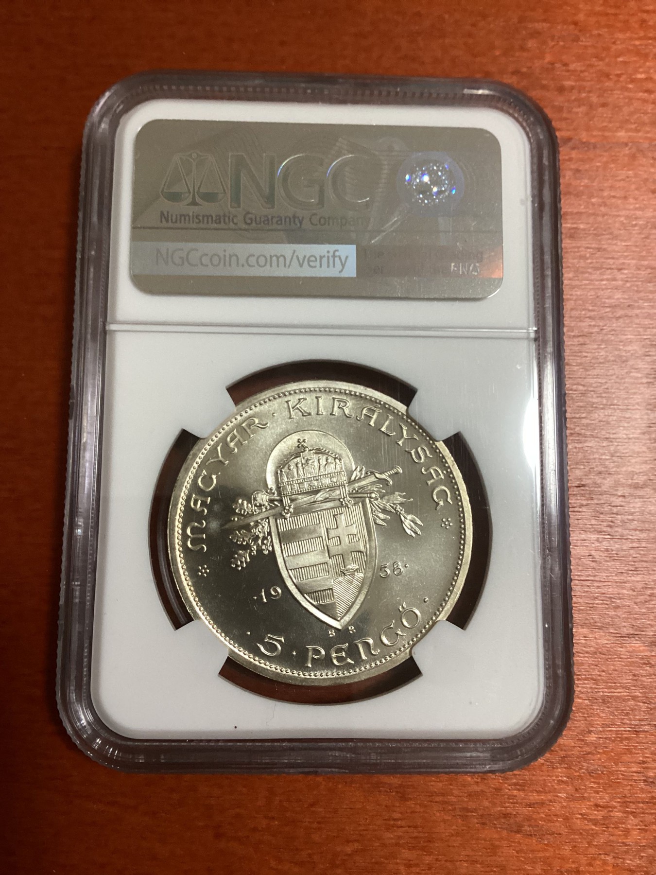 长老汇兔年精选第二场 1938BP 匈牙利圣斯蒂芬5潘果精制银币，NGC PF65UC，更高分仅有12枚，后铸