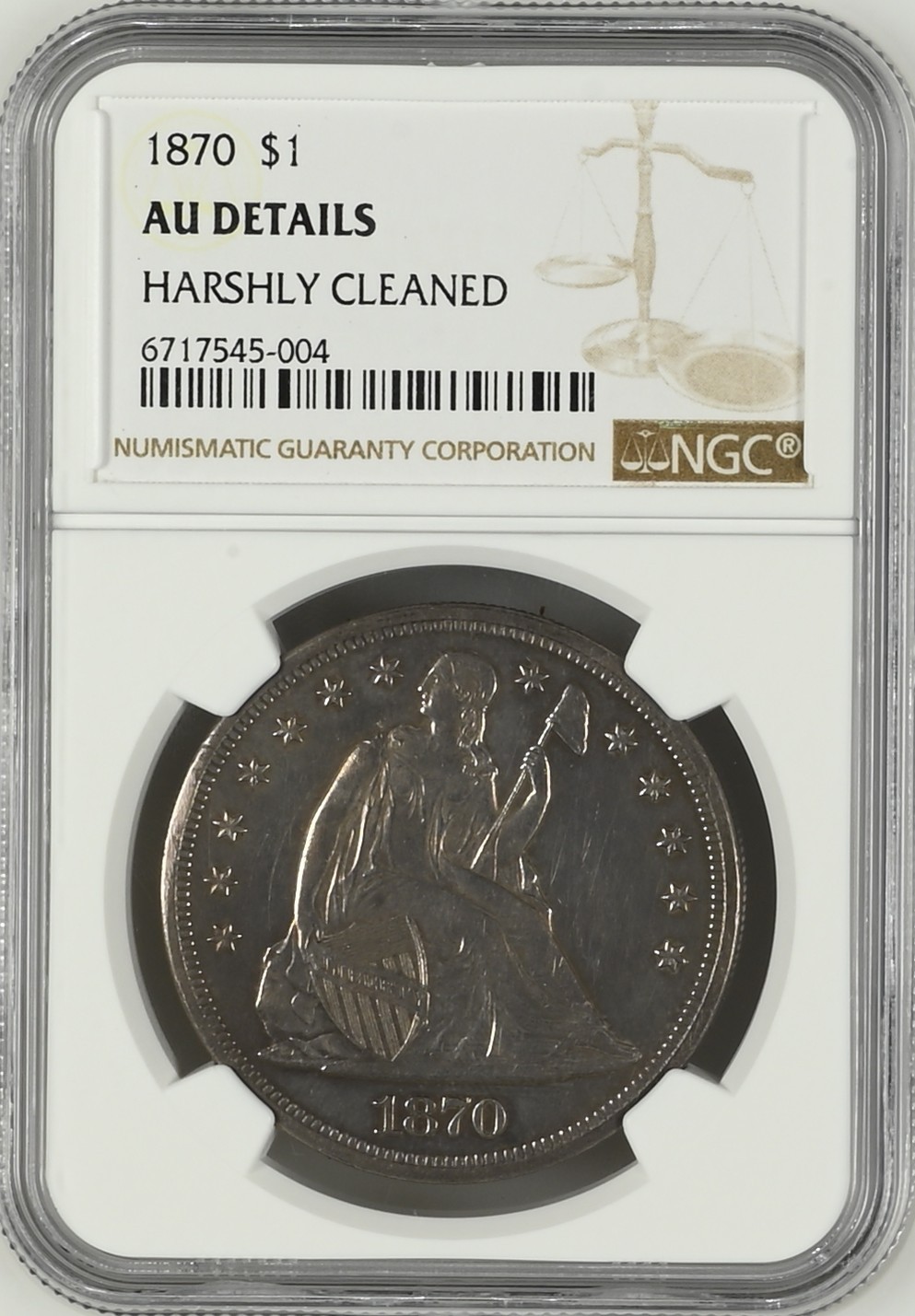 长老汇兔年精选第二场 1870美国坐姿女神一美元银币，NGC AUD，控分很严，出分就赚了，其实品相很好