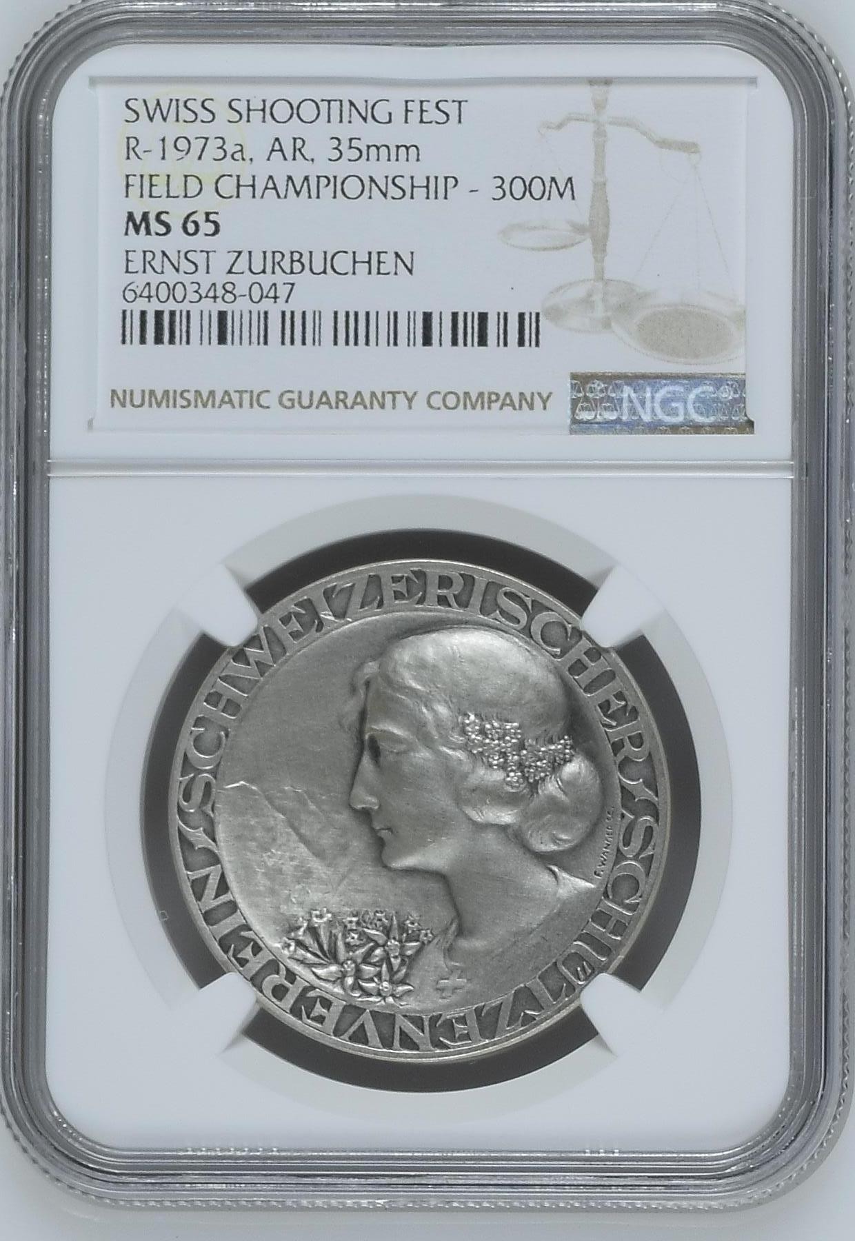 长老汇兔年精选第二场  R-1973a瑞士射击节300射击冠军银章，NGC MS65分，亚军分，更高分数仅有3枚