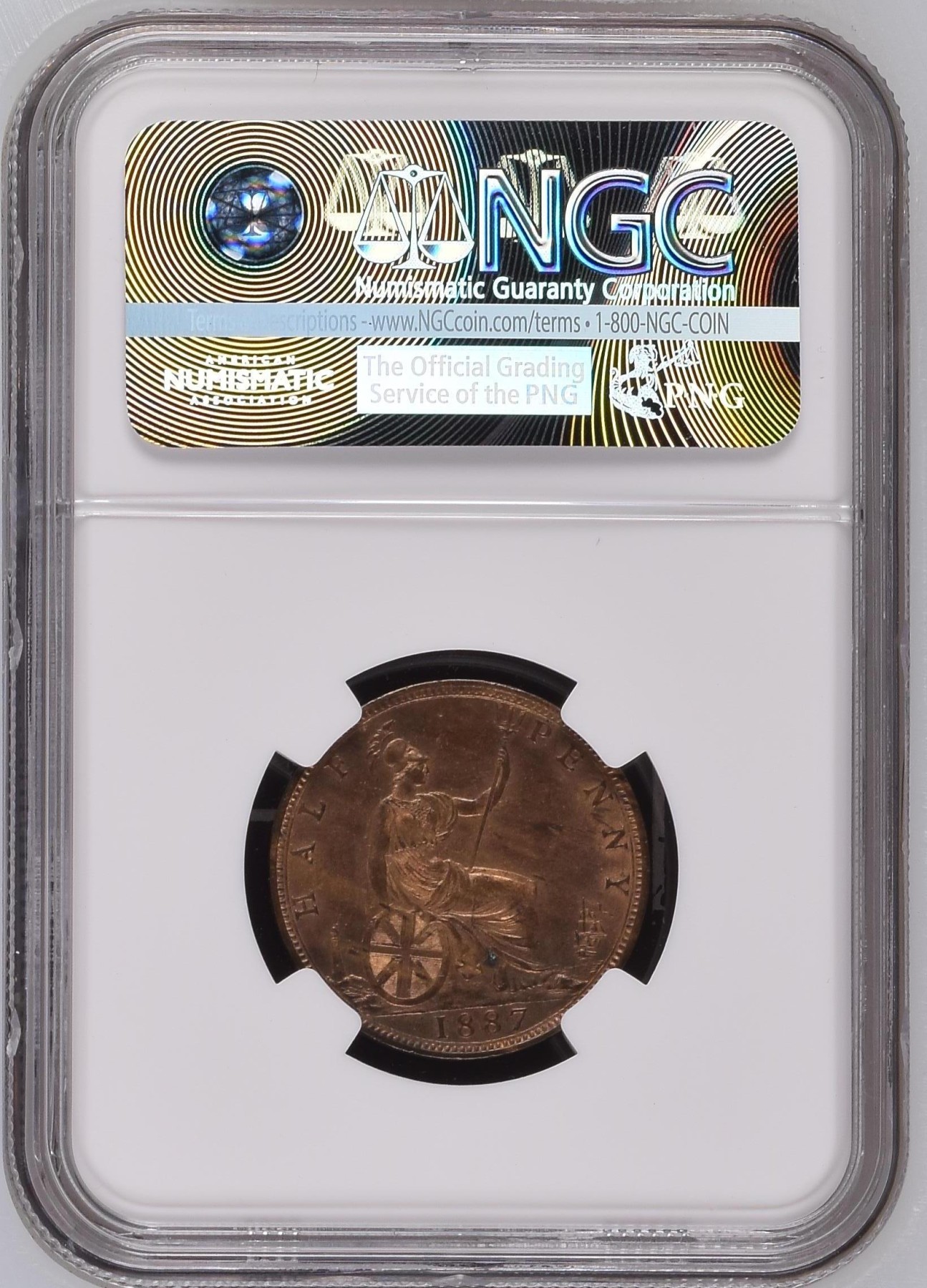 长老汇兔年精选第二场 1887 英国维多利亚高冠1/2便士铜币，NGC MS64RD