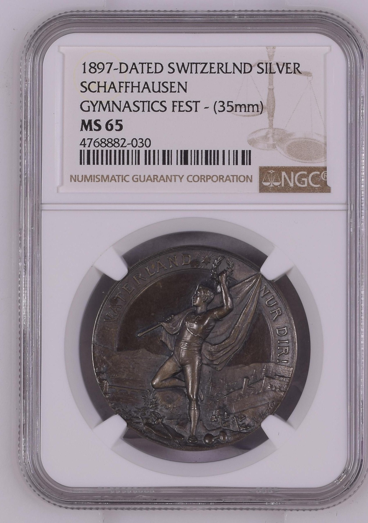长老汇兔年精选第二场 1897-DATED 瑞士沙夫豪森体育节银章，NGC MS65分，唯一记录，双面深邃明快