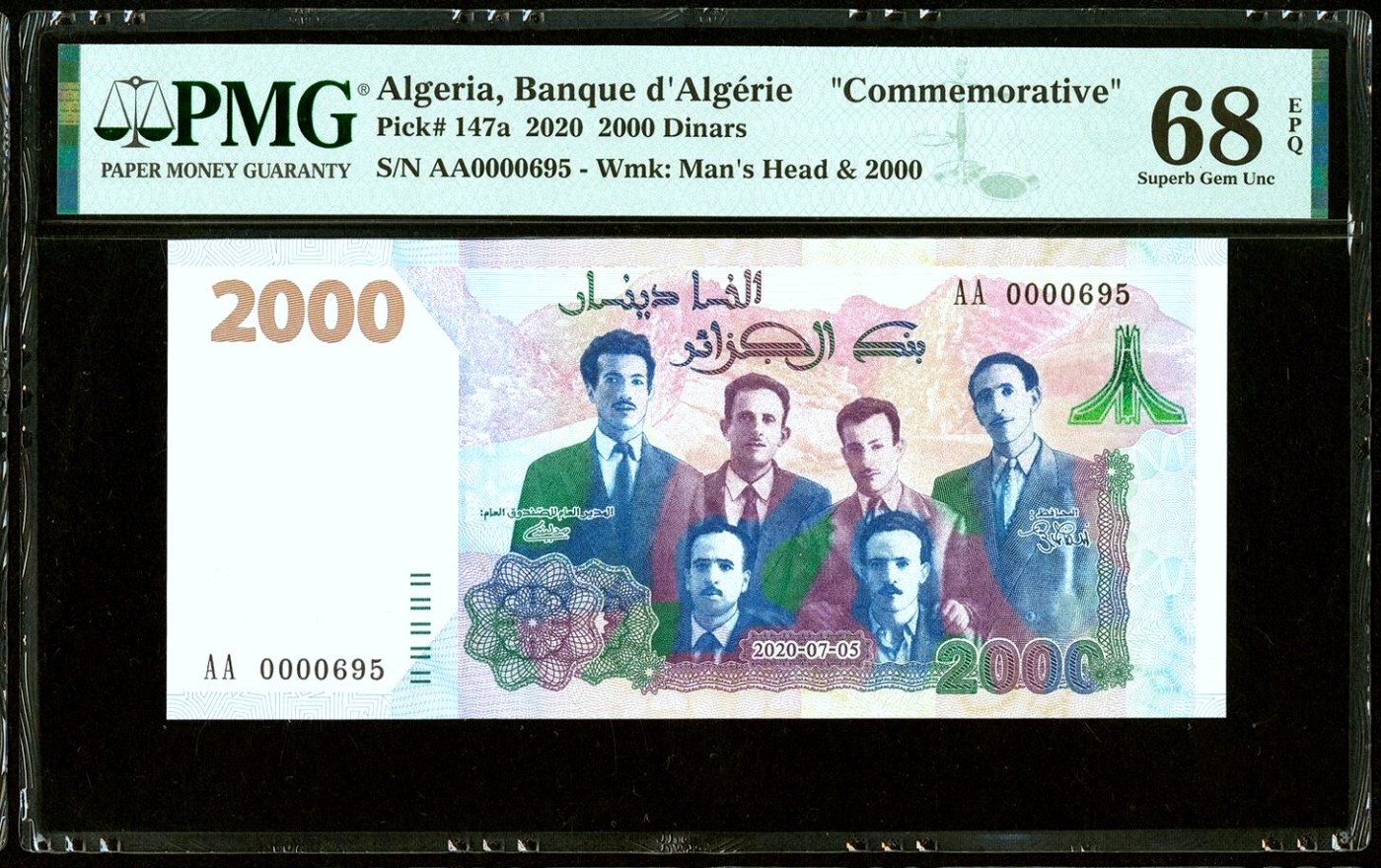 【Blue Auction】✨世界纸币精拍第432期——新年首拍 【AA冠695小号】阿尔及利亚 2020年2000第纳尔 纪念钞 PMG68EPQ 超高分