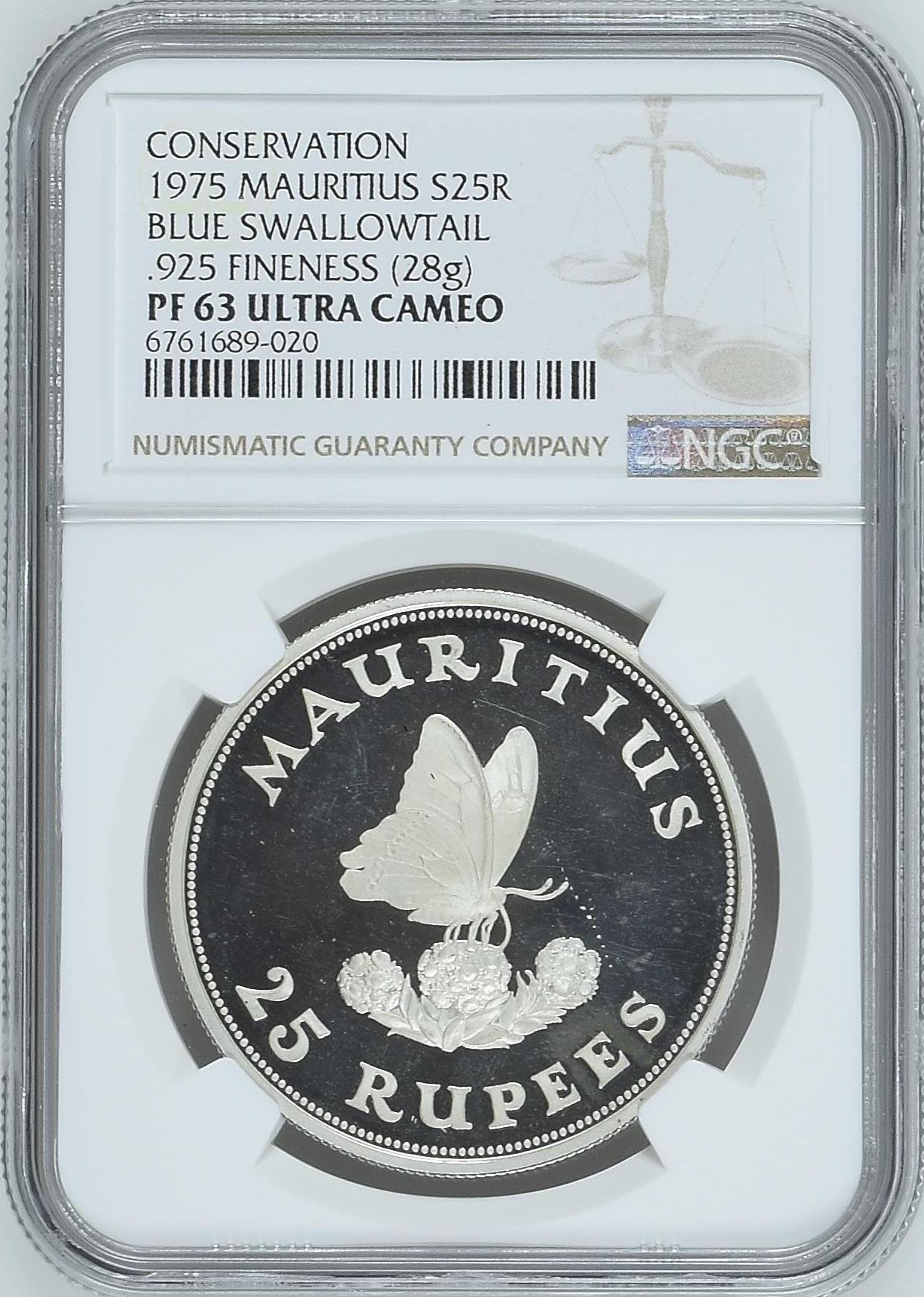 长老汇兔年精选第二场 1975 毛里求斯蓝色燕尾蝶25卢比精制银币，NGC PF63UC，渡渡鸟带火了毛里求斯