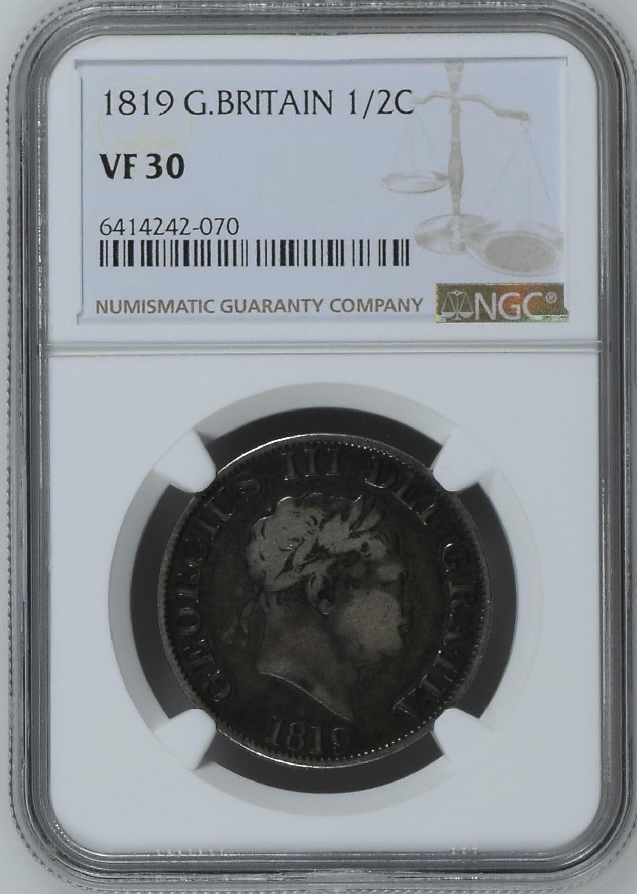 长老汇兔年精选第二场 1819 英国乔治三世1/2克朗银币，NGC VF30分