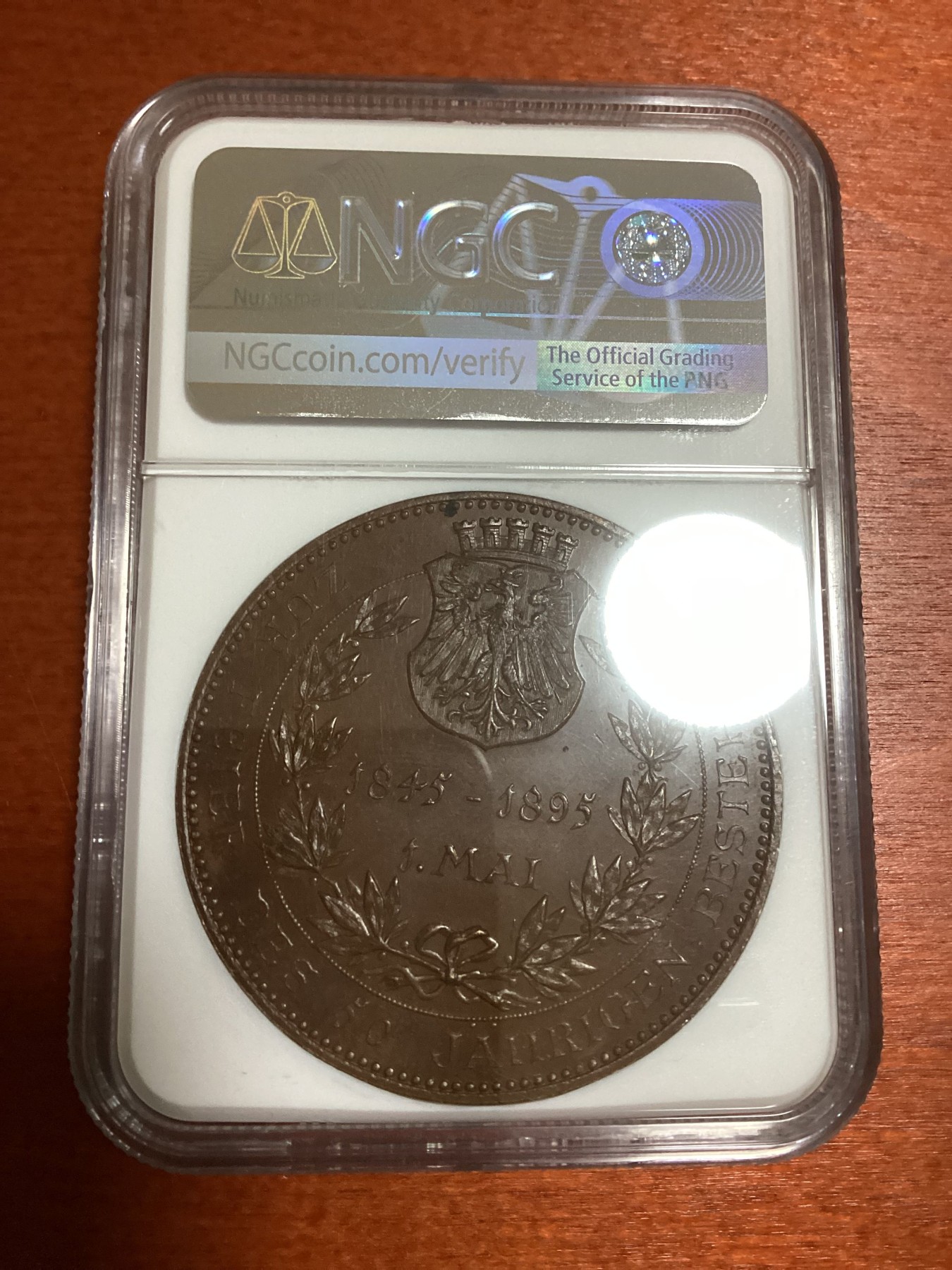 长老汇兔年精选第二场 1895-DATED GERMANY INSURANCE CO. 50TH ANNIV. LAUER - (45mm)德国保险公司50周年纪念大铜章，NGC MS64分，NGC唯一记录，LAUER作品