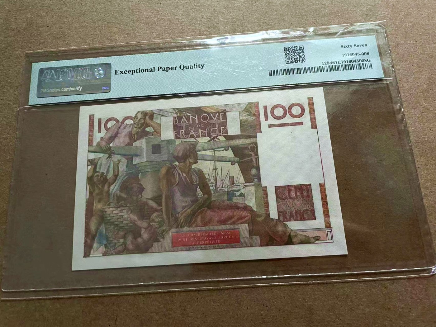 【Blue Auction】✨世界纸币精拍第432期——新年首拍 法国 1951-54年100法郎 PMG67EPQ 高分 