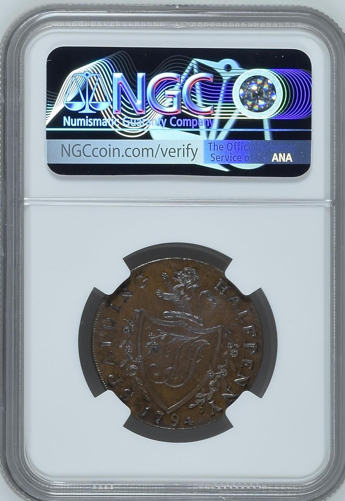 长老汇兔年精选第二场 1794 G.BRIT D&H-4 LINCOLNSHIRE - SPALDING E: PAYABLE AT T. IENNINGS英国林肯郡1/2P代币，NGC MS65分，唯二冠军分，非常漂亮