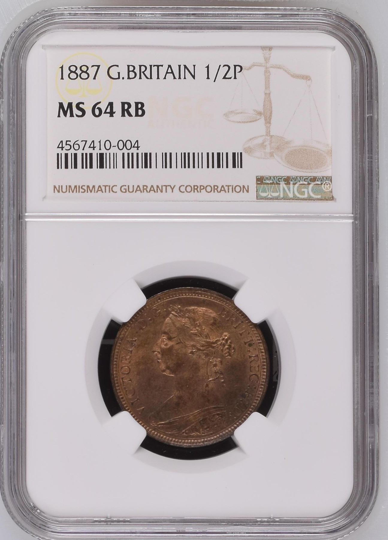 长老汇兔年精选第二场 1887 英国维多利亚高冠1/2便士铜币，NGC MS64RD