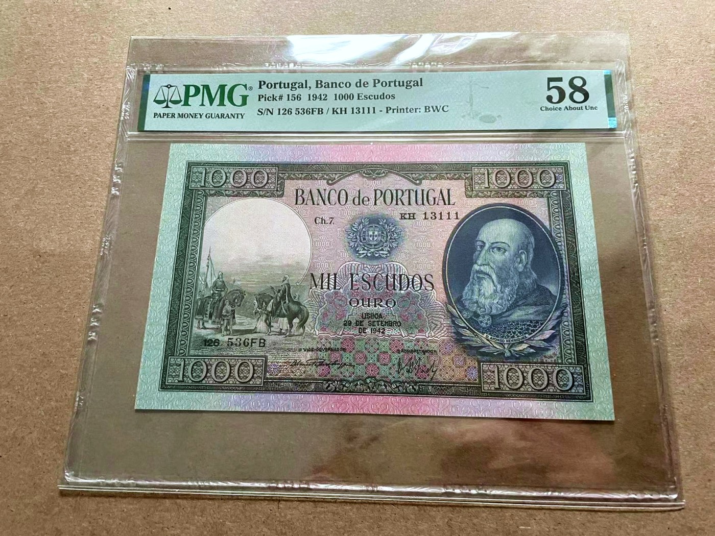 【Blue Auction】✨世界纸币精拍第432期——新年首拍 【无47】葡萄牙 1942年1000埃斯库多 PMG58  BWC出品 稀少 国王阿方索一世