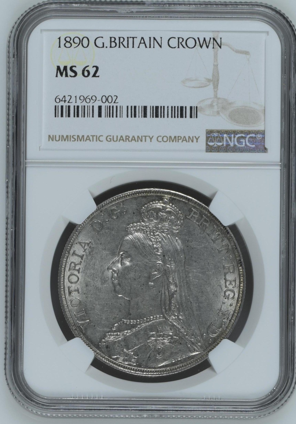 长老汇兔年精选第二场 1890 英国维多利亚高冠马剑1克朗大银币，NGC MS62分，特年