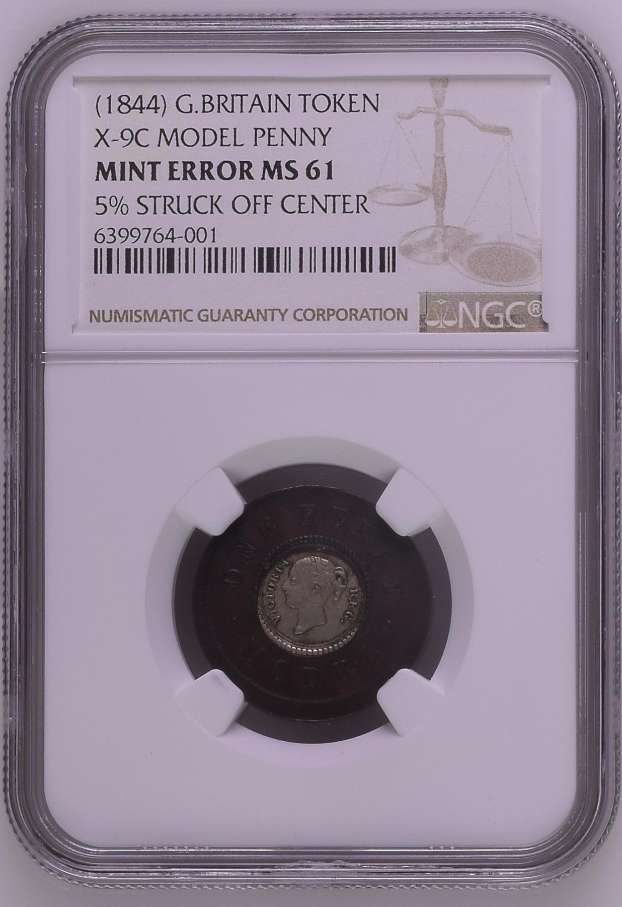 长老汇兔年精选第二场 (1844) G.BRITAIN X-9C MODEL PENNY英国维多利亚1便士双金属样币，NGC MS61分，错版币，打偏5%