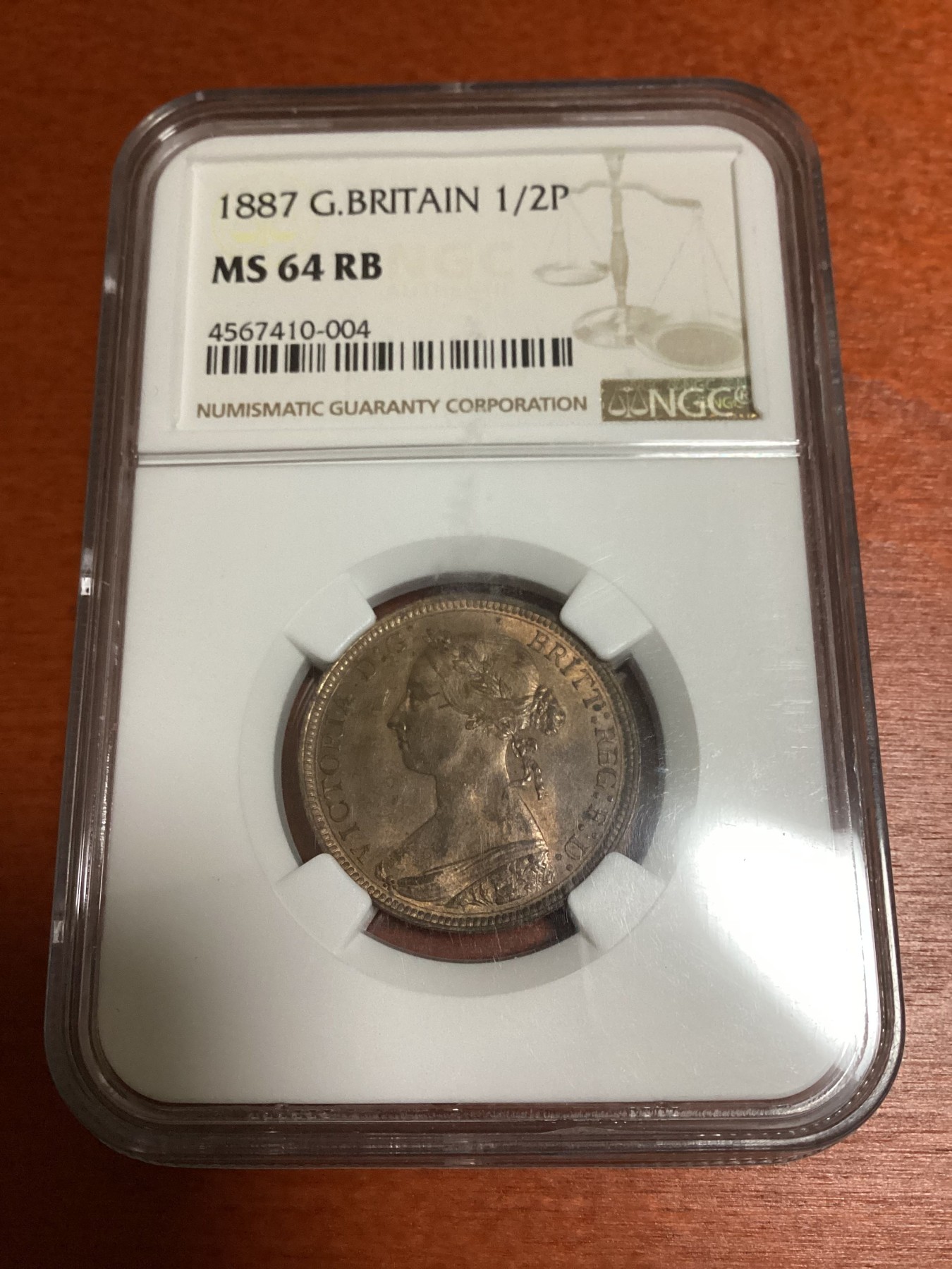 长老汇兔年精选第二场 1887 英国维多利亚高冠1/2便士铜币，NGC MS64RD