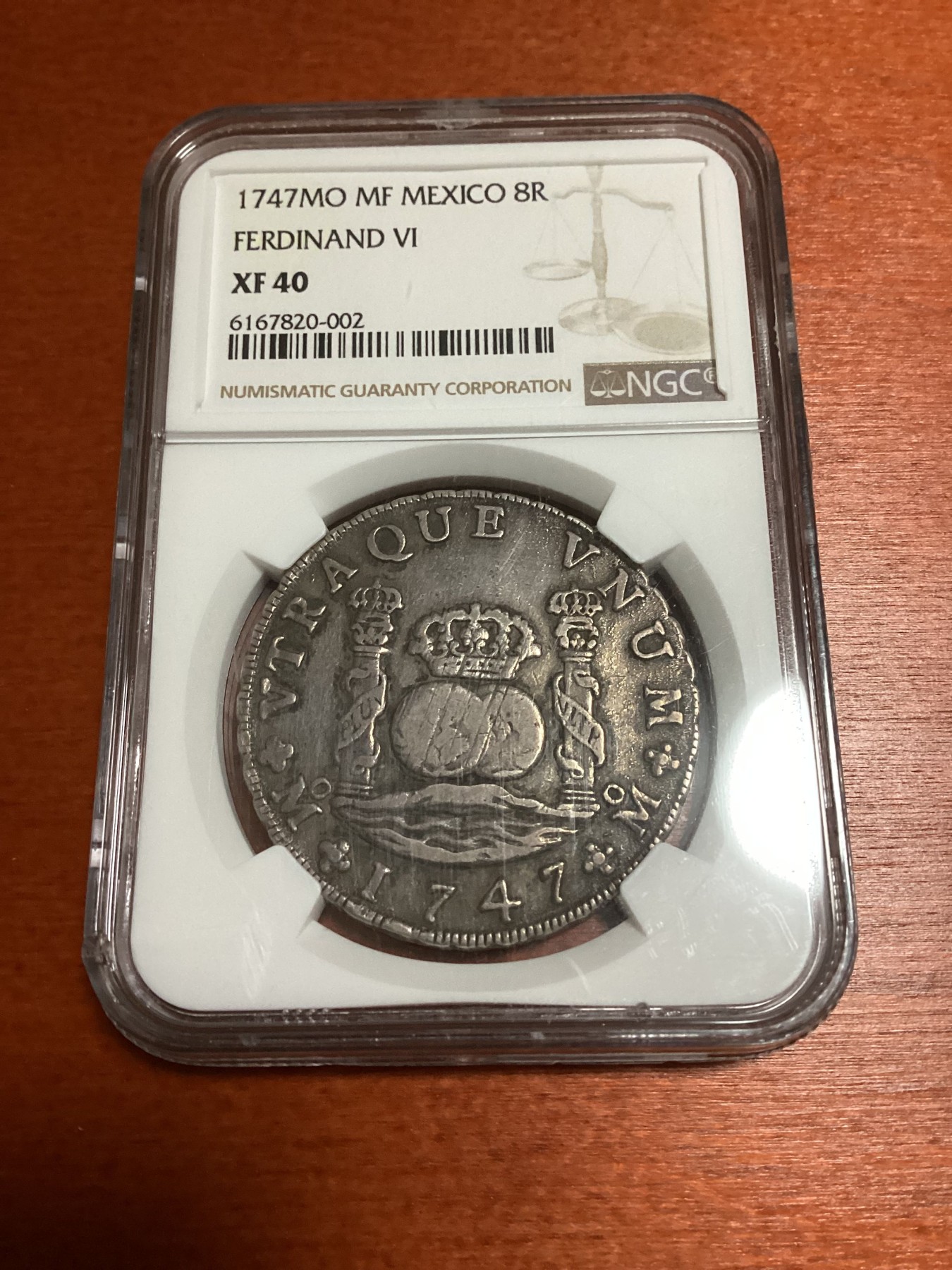 长老汇兔年精选第二场 1747MO MF MEXICO FERDINAND VI墨西哥早期费迪南七世地球双柱8R大银币，NGC XF40分