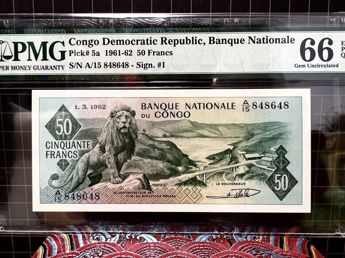 【Blue Auction】✨世界纸币精拍第432期——新年首拍 刚果 1961-62年50法郎 狮子王 刻画生动 PMG66EPQ 