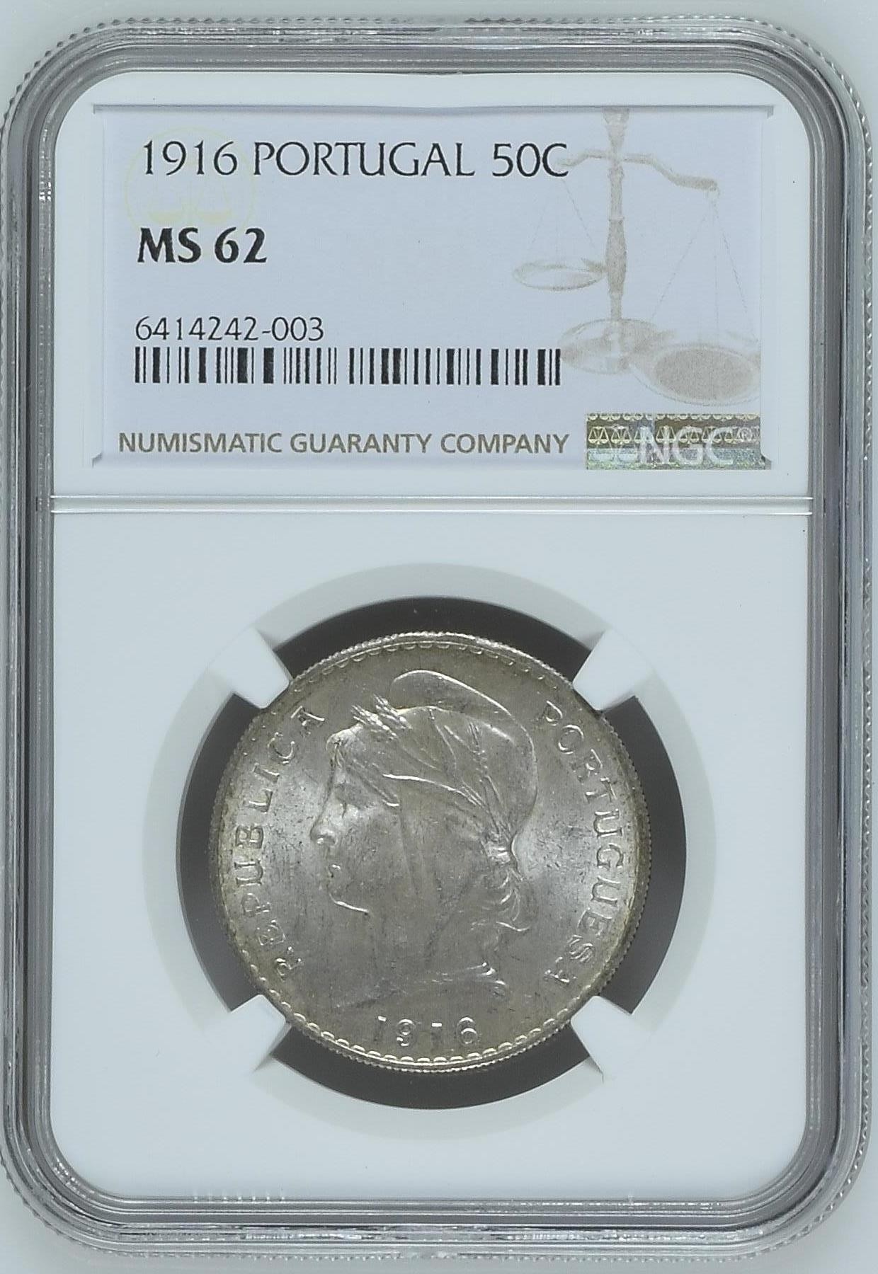长老汇兔年精选第二场 1916 葡萄牙女神像50分银币，NGC MS62分