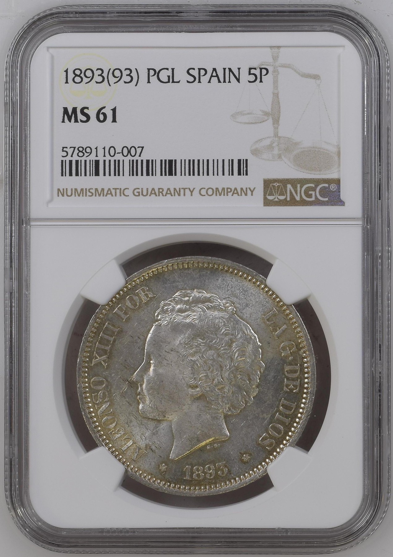长老汇兔年精选第二场 1893(93) PGL 西班牙阿方索十三世5比塞塔大银币，NGC MS61分
