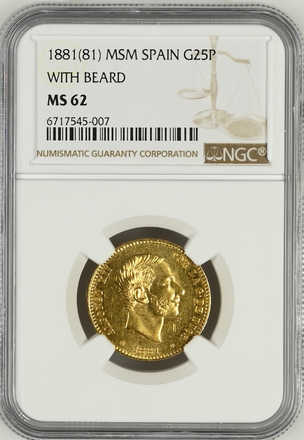 长老汇兔年精选第二场 1881(81) MSM 西班牙阿方索十二世25比塞塔金币，NGC MS62分，有胡子版