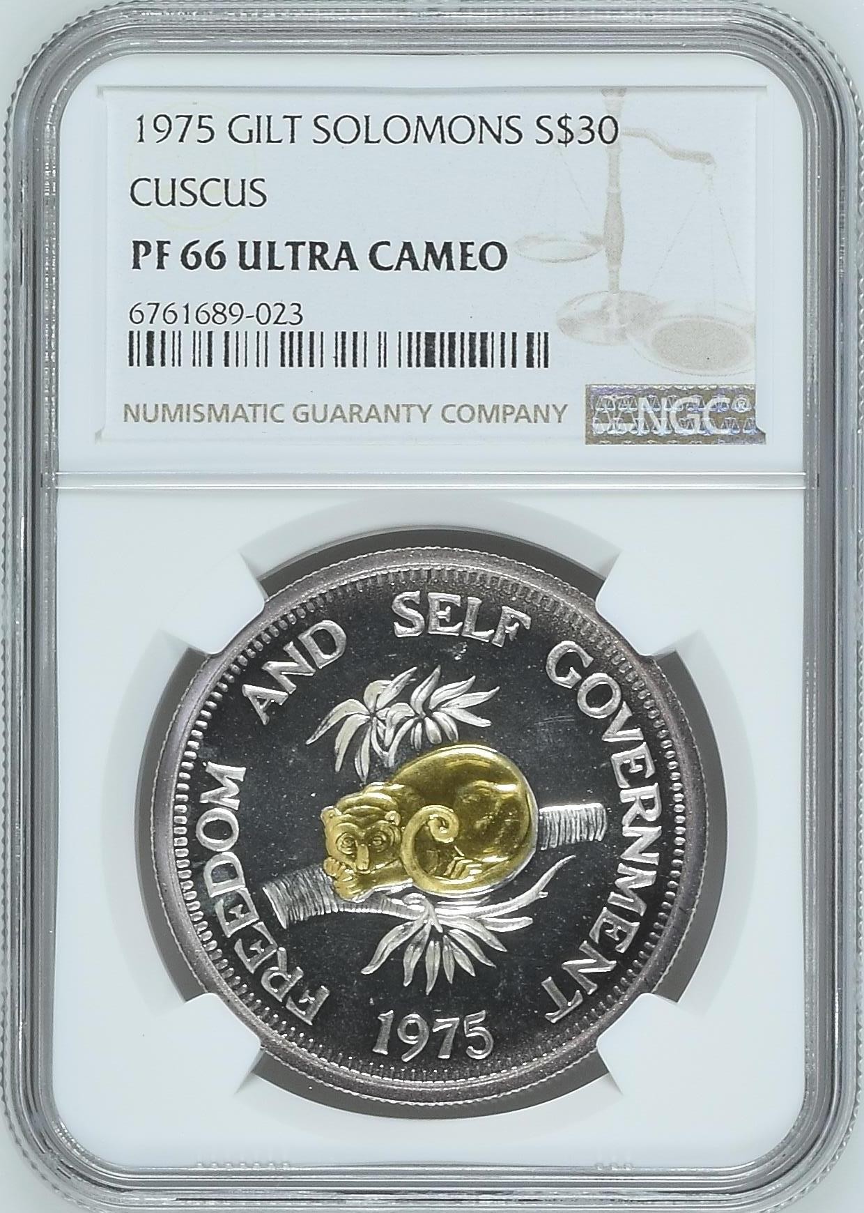 长老汇兔年精选第二场 珍稀币，1975 所罗门袋猴30元镀金精制银币，NGC PF66UC，更高分仅有9枚，背面5grains纯金