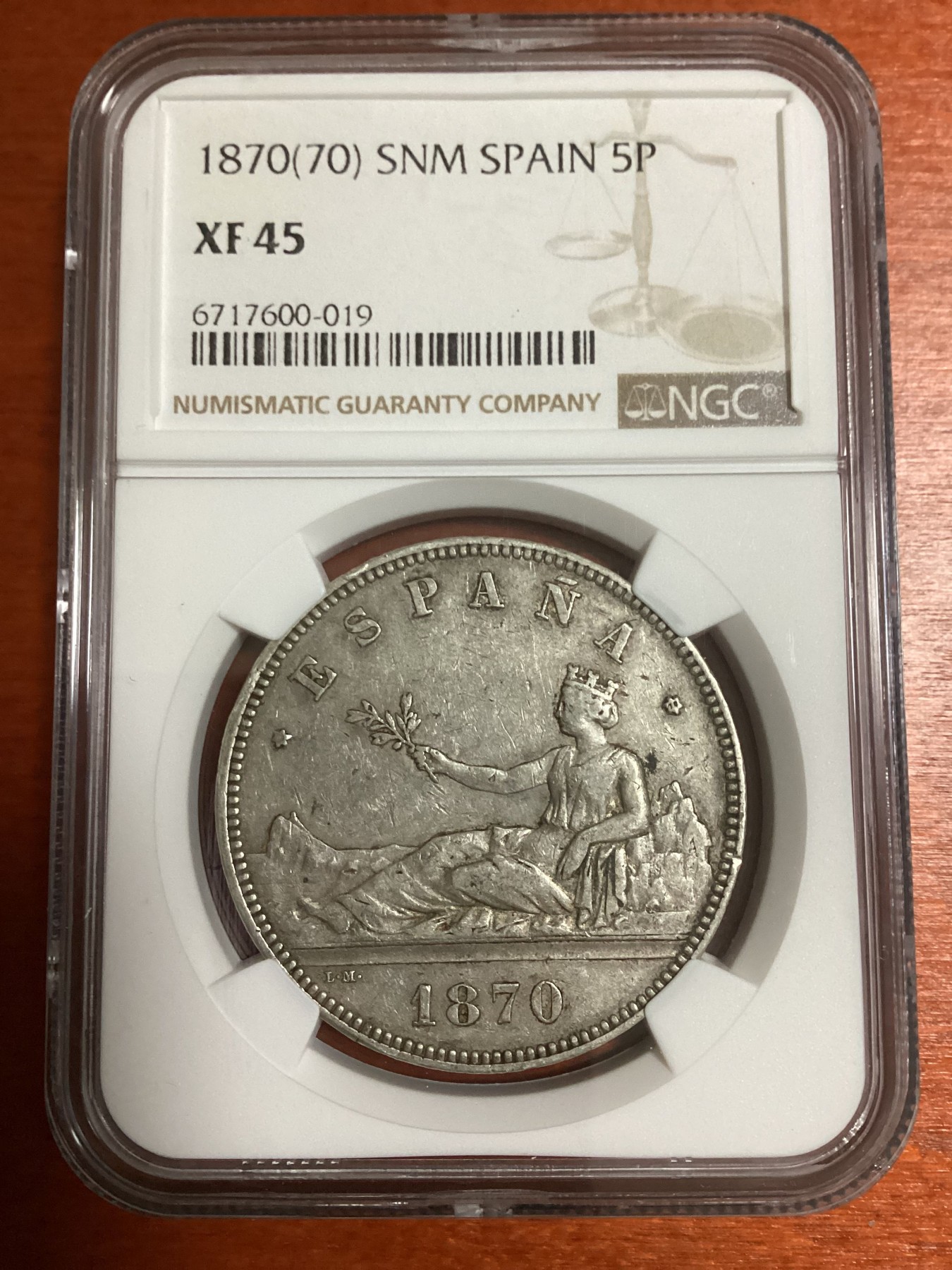 长老汇兔年精选第二场 1870(70) SNM 西班牙拿花5比塞塔大银币，NGC XF45分