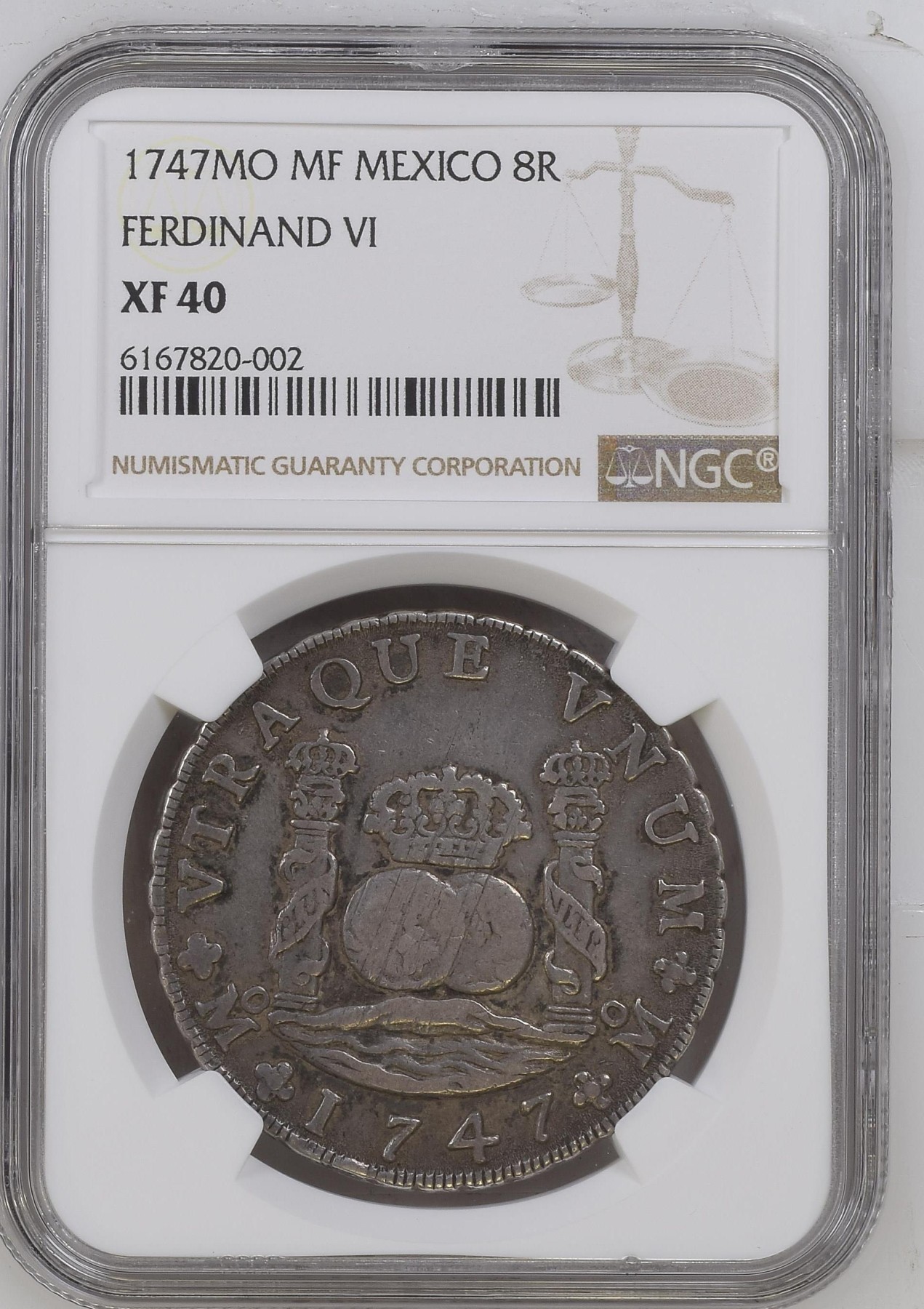 长老汇兔年精选第二场 1747MO MF MEXICO FERDINAND VI墨西哥早期费迪南七世地球双柱8R大银币，NGC XF40分