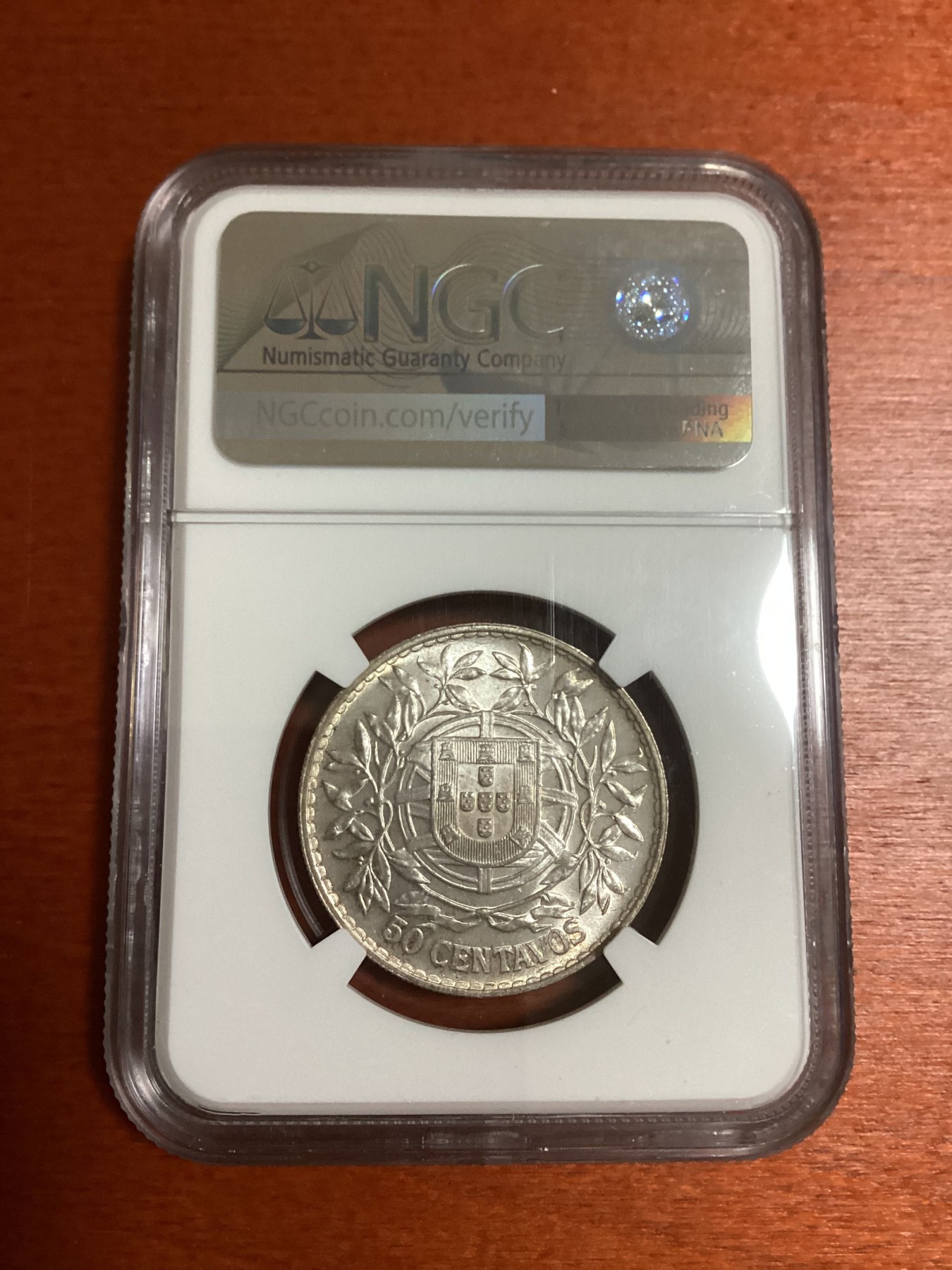 长老汇兔年精选第二场 1916 葡萄牙女神像50分银币，NGC MS62分