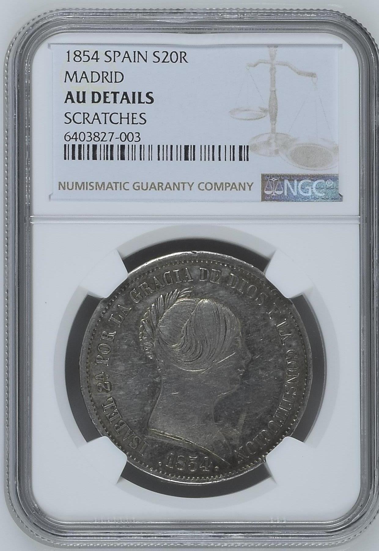长老汇兔年精选第二场 1854 西班牙伊莎贝拉二世20里亚尔大银币，NGC AUD，马德里造币厂出品