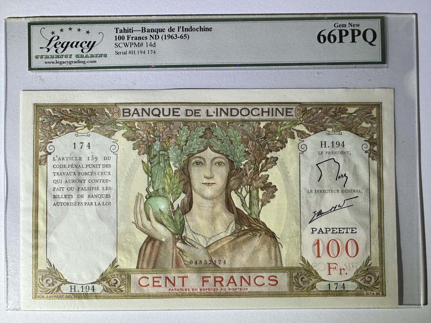 【Blue Auction】✨世界纸币精拍第432期——新年首拍 【实钞】塔希提 1963-65年100法郎 大票幅 四面佛 精美 LCG66EPQ 