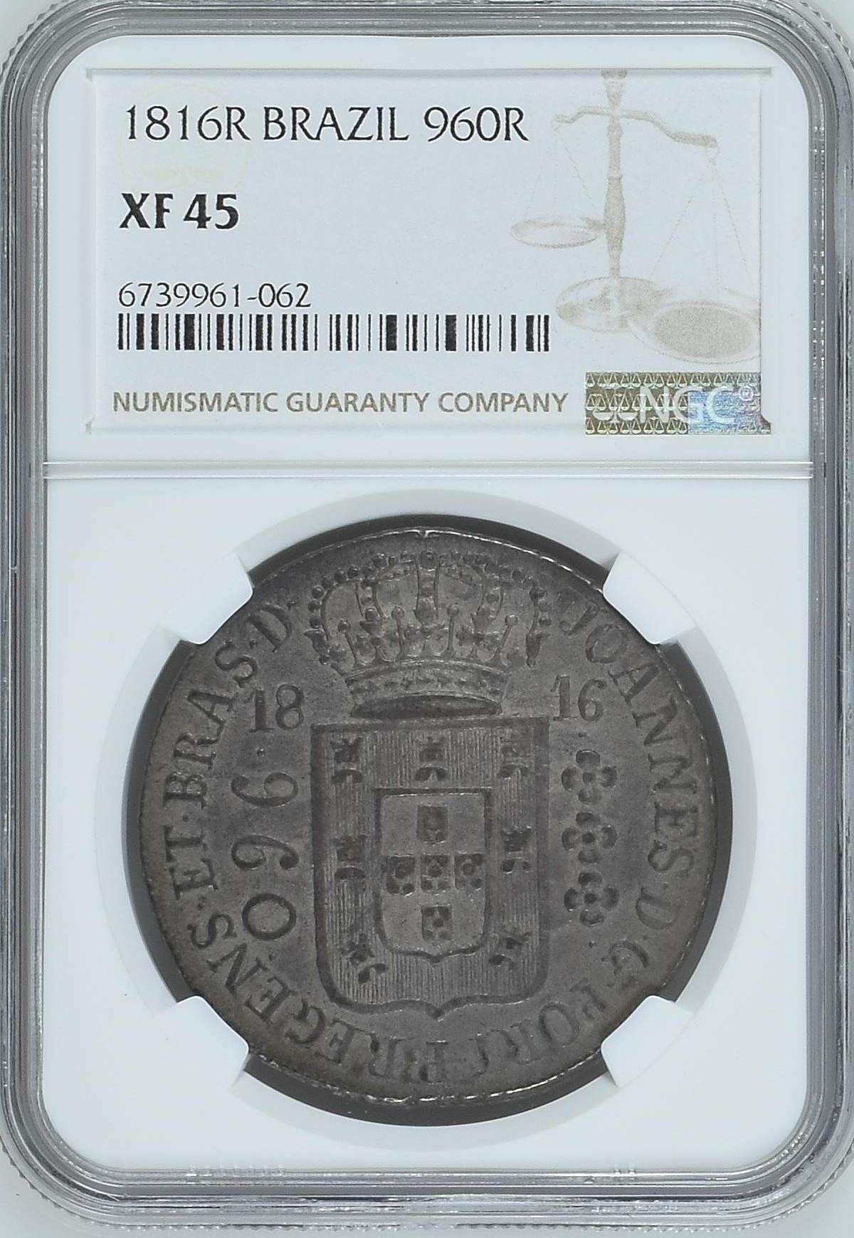 长老汇兔年精选第二场 1816R 巴西早期960R大银币，NGC XF45分，西班牙双柱基础上打制而成，别有韵味