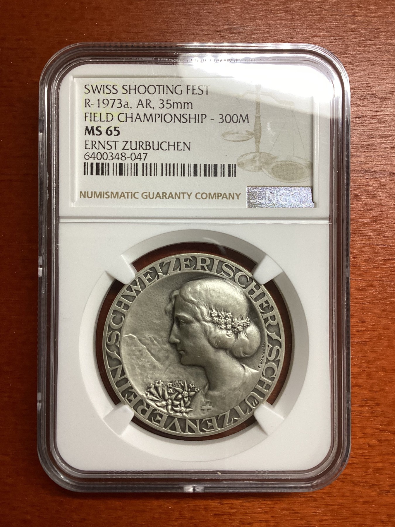 长老汇兔年精选第二场  R-1973a瑞士射击节300射击冠军银章，NGC MS65分，亚军分，更高分数仅有3枚