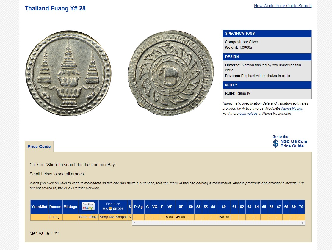 长老汇兔年精选第二场 (1869) 泰国拉玛五世1/8株银币，NGC MS62分