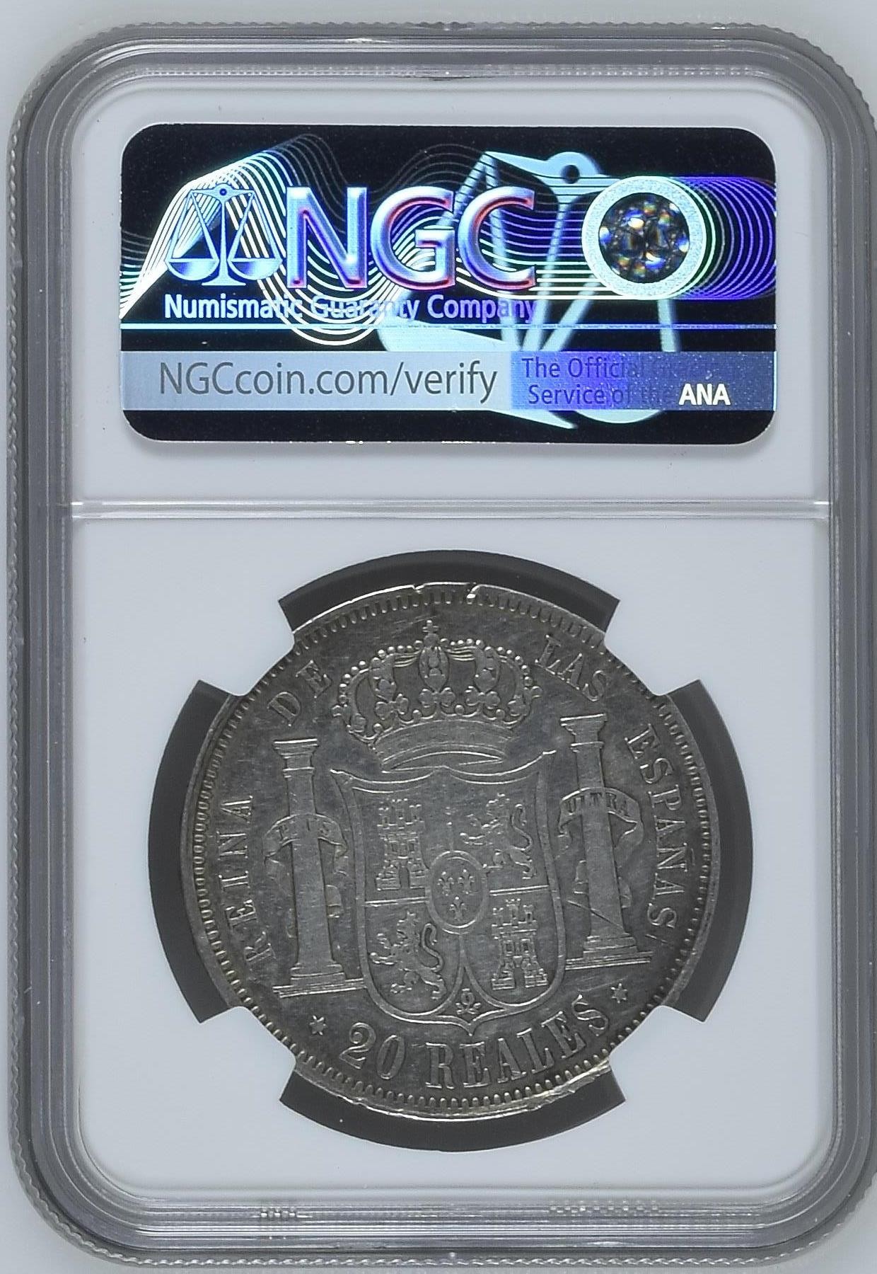 长老汇兔年精选第二场 1854 西班牙伊莎贝拉二世20里亚尔大银币，NGC AUD，马德里造币厂出品