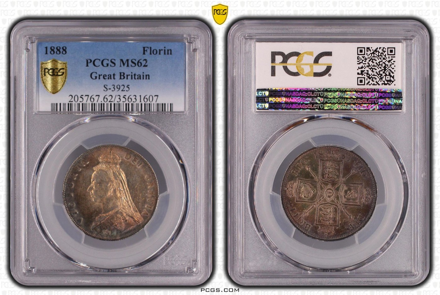 长老汇兔年精选第二场 1888 Florin S-3925英国维多利亚高冠1弗洛林银币，PCGS MS62，季军分，更高分仅有7枚，金色包浆，吉祥年份