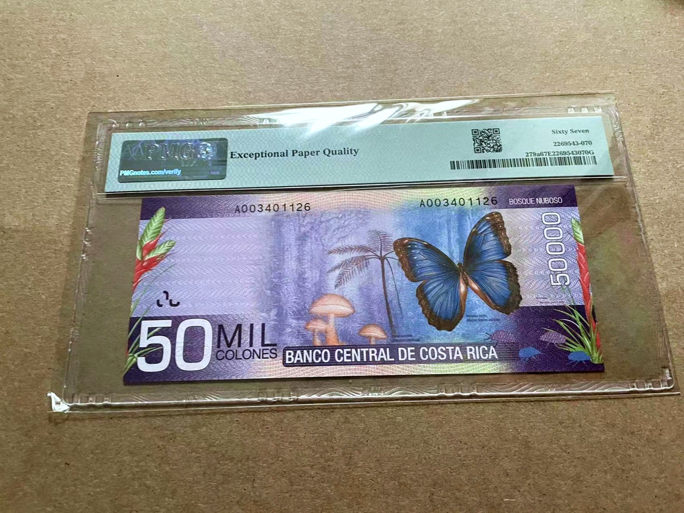 【Blue Auction】✨世界纸币精拍第432期——新年首拍 哥斯达黎加 2009年50000克朗 经典紫蝶 PMG67EPQ 高分 