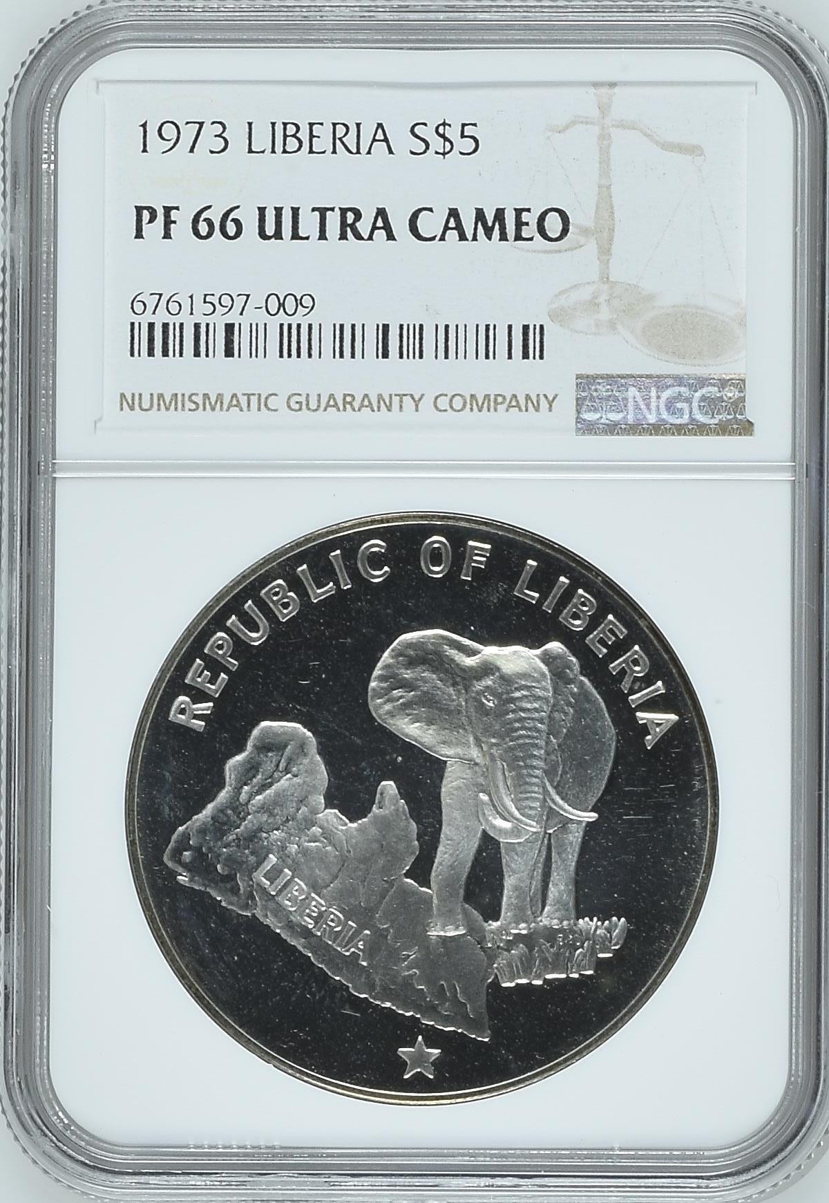 长老汇兔年精选第二场 1973 利比里亚非洲五霸大象5元精制银币，NGC PF66UC