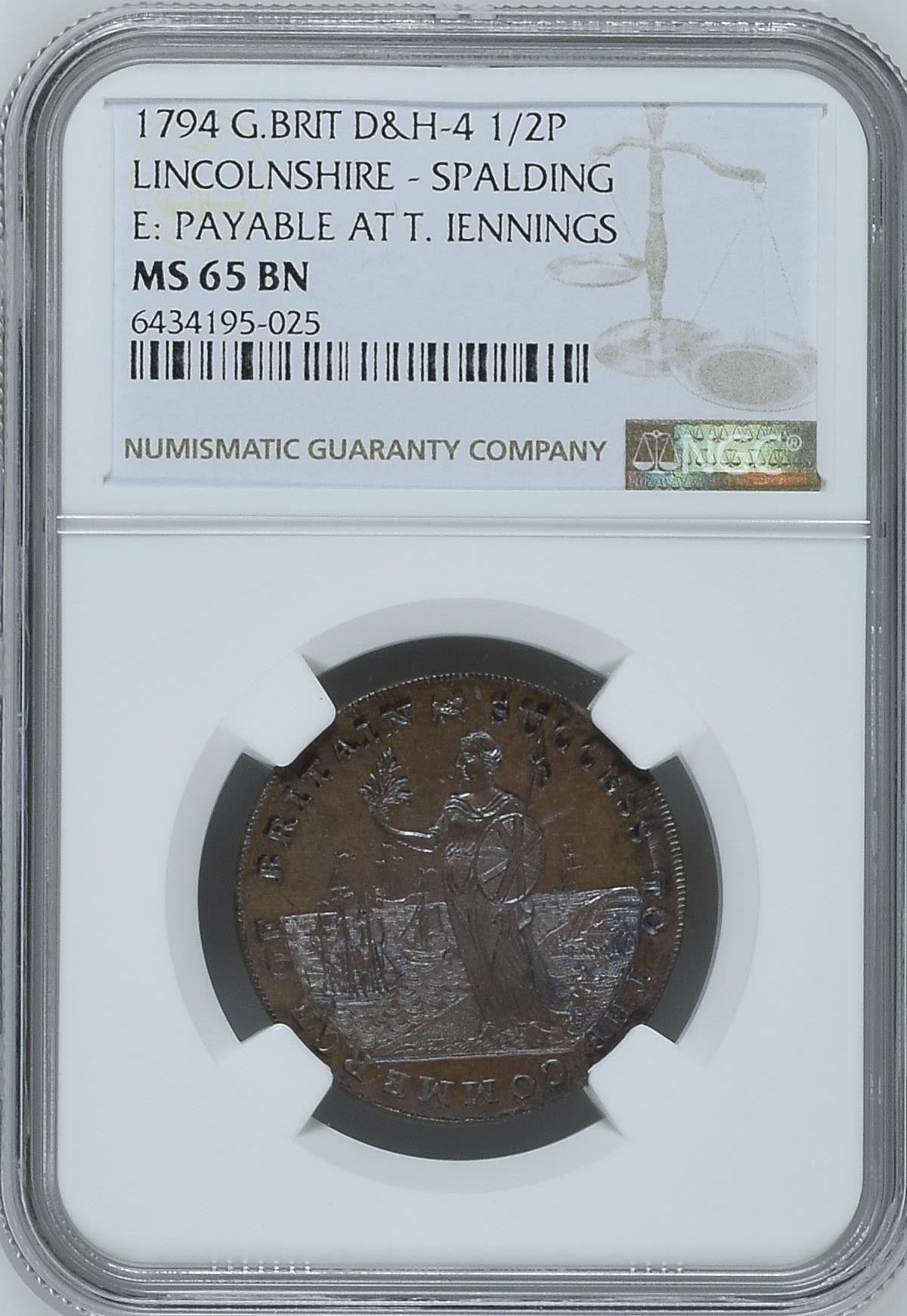 长老汇兔年精选第二场 1794 G.BRIT D&H-4 LINCOLNSHIRE - SPALDING E: PAYABLE AT T. IENNINGS英国林肯郡1/2P代币，NGC MS65分，唯二冠军分，非常漂亮
