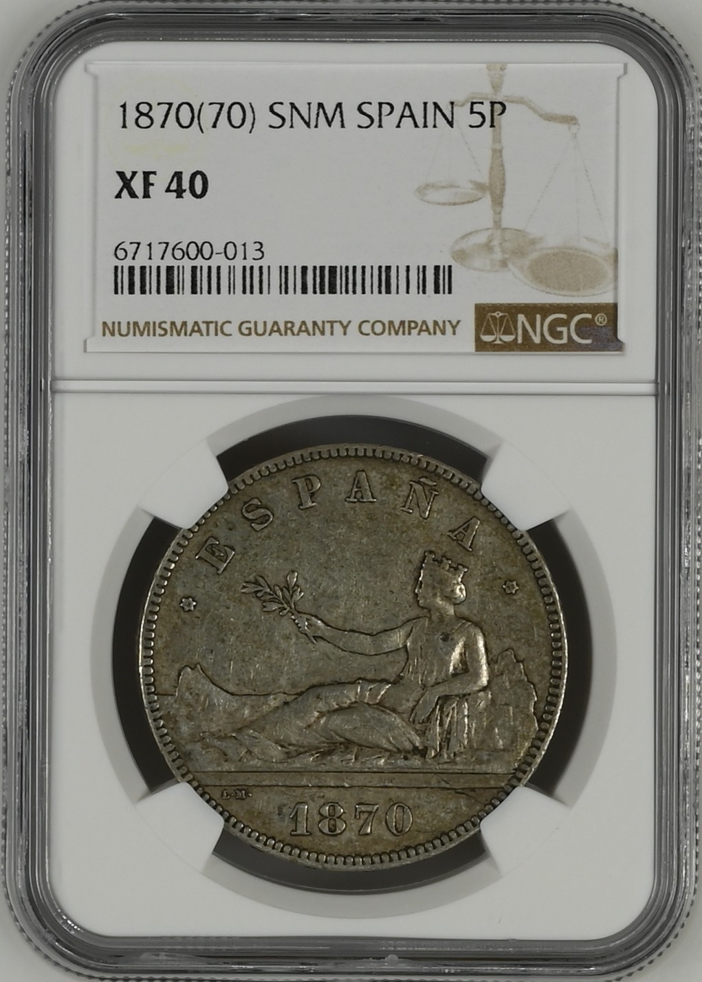 长老汇兔年精选第二场 1870(70) SNM 西班牙拿花5比塞塔大银币，NGC XF40
