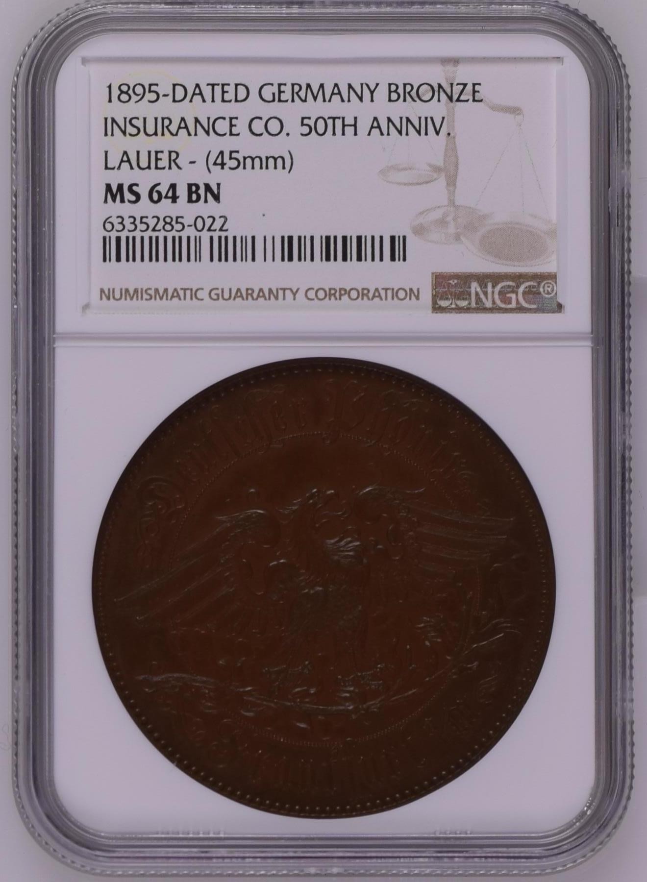 长老汇兔年精选第二场 1895-DATED GERMANY INSURANCE CO. 50TH ANNIV. LAUER - (45mm)德国保险公司50周年纪念大铜章，NGC MS64分，NGC唯一记录，LAUER作品