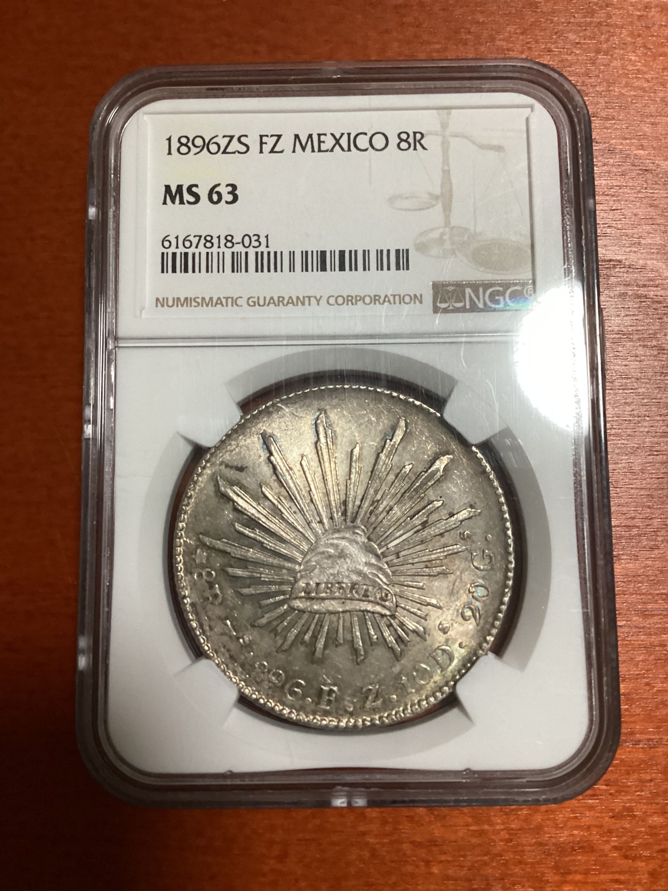 长老汇兔年精选第二场 1896ZS FZ 墨西哥鹰洋8R银币，NGC MS63分