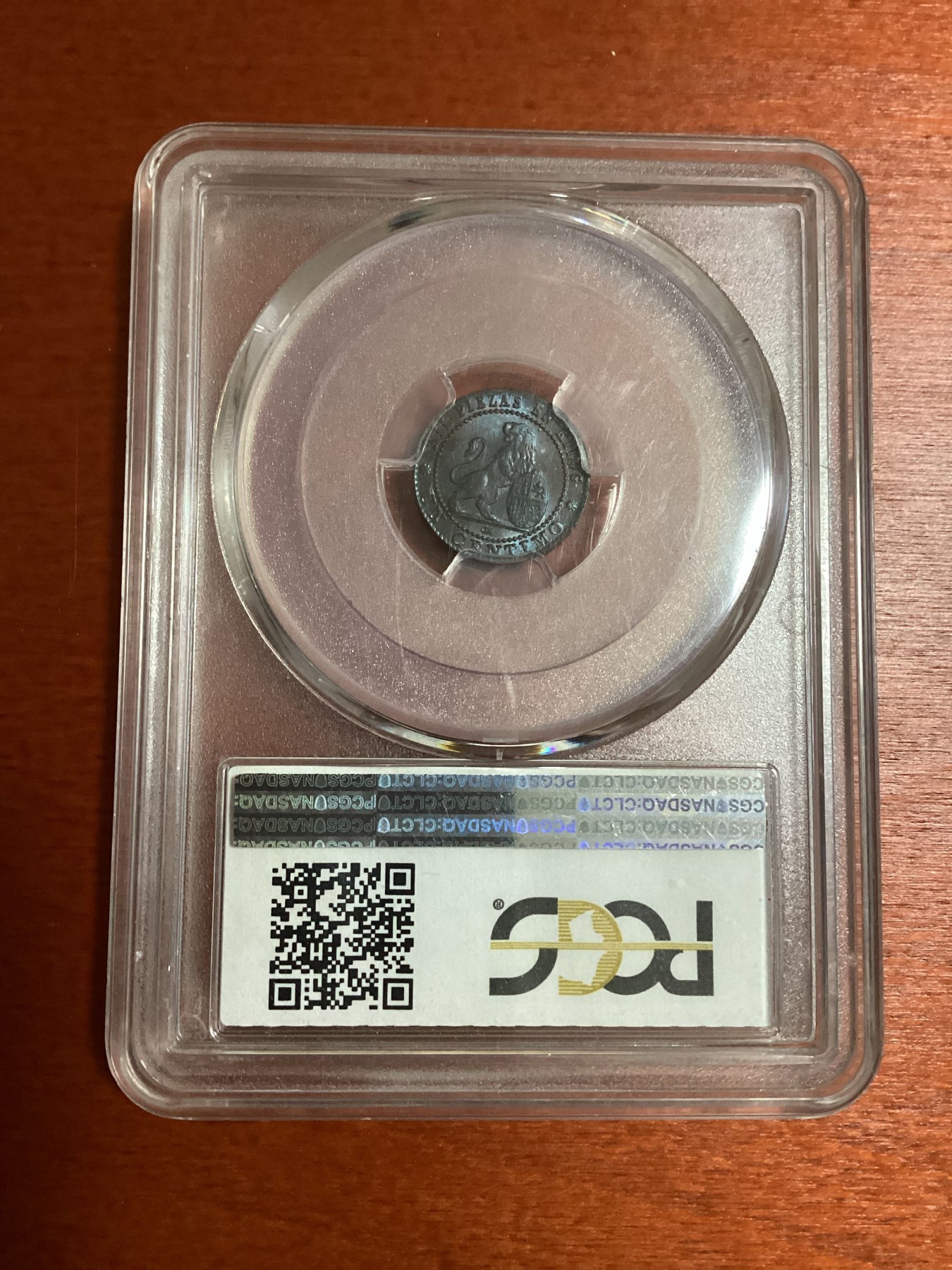 长老汇兔年精选第二场 1870-OM 西班牙地方省1分铜币，PCGS MS64BN，亚军分，更高分仅有6枚，同分16年SB成交价1000多元